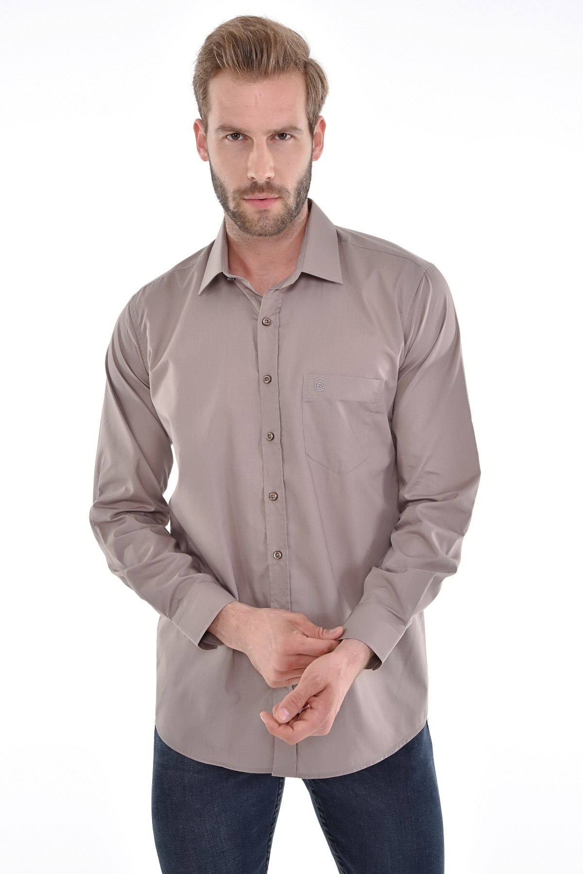 Çizgi Triko Cepli Klasik Kalıp Düz Renk Uzun Kollu Erkek Gömlek - VİZON