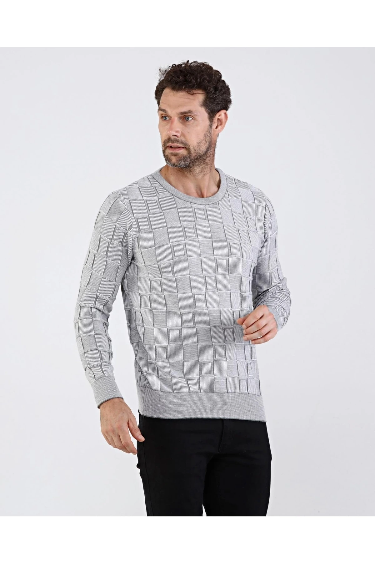 Erkek Sıfır Yaka Pamuklu Triko Gri Kazak Desenli Kol Ve Bel Lastikli Regular Kalıp