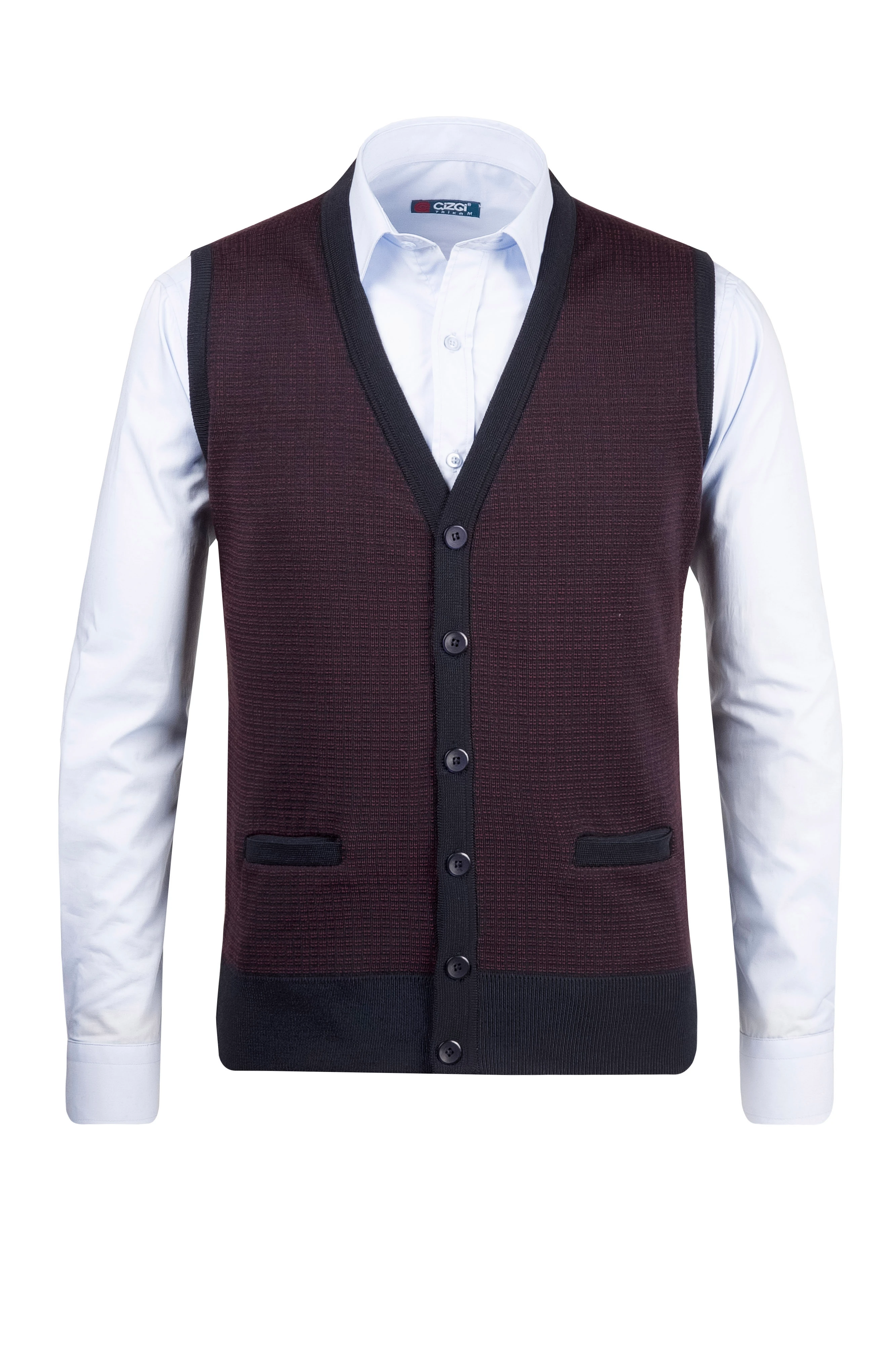 Çizgi Triko Erkek Triko V Yaka Yelek Düğmeli Cep Detaylı Desenli Bel Lastikli Çelik Örgü