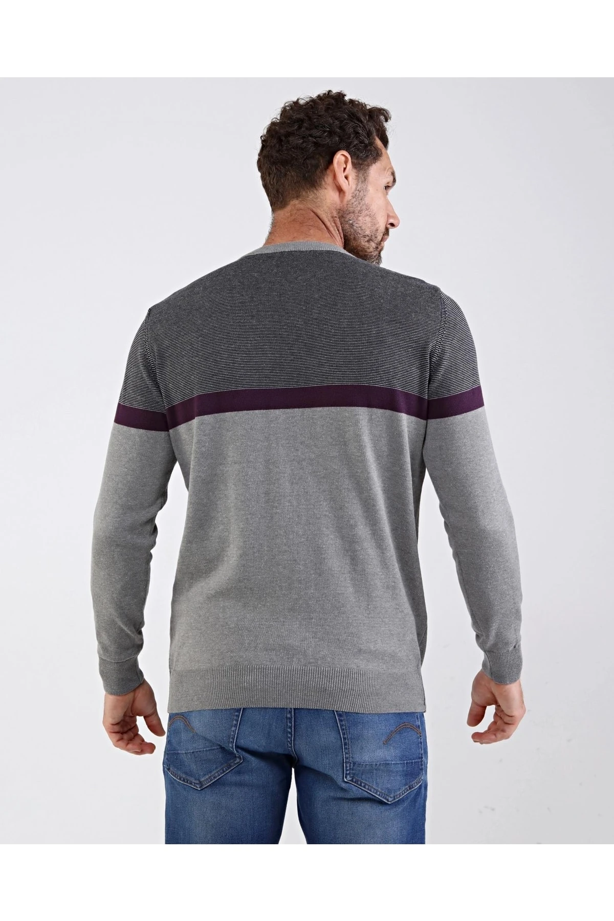 Erkek Sıfır Yaka Pamuklu Triko Gri Kazak Desenli Kol Ve Bel Lastikli Regular Kalıp