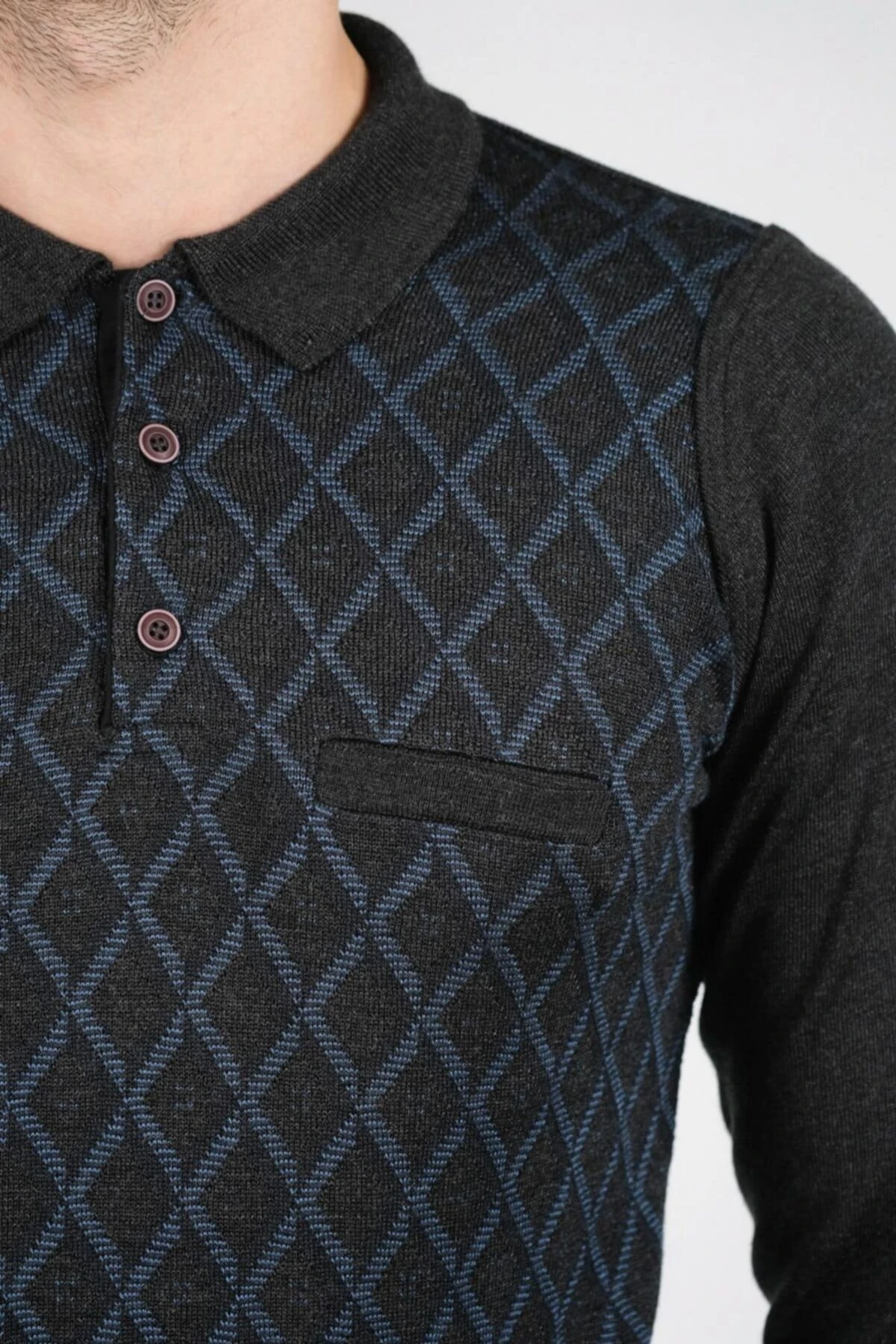 Erkek Polo Yaka Triko Kazak Cep Detaylı Baklava Desenli Kışlık Bel Ve Kol Lastikli Dokum