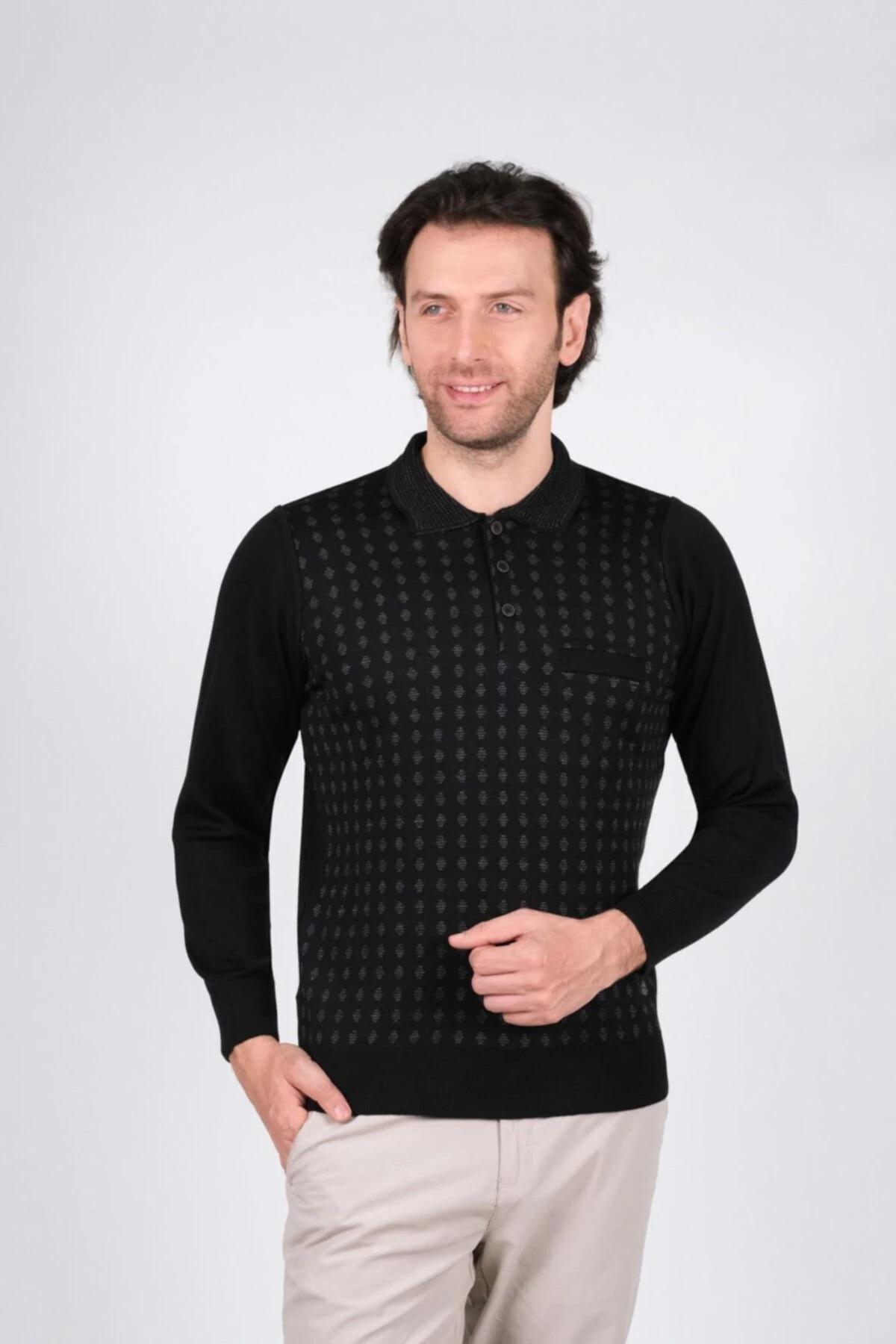 Erkek Polo Yaka Triko Kazak Cep Detaylı Desenli Kol Ve Bel Lastikli Dokuma Çelik Örgü