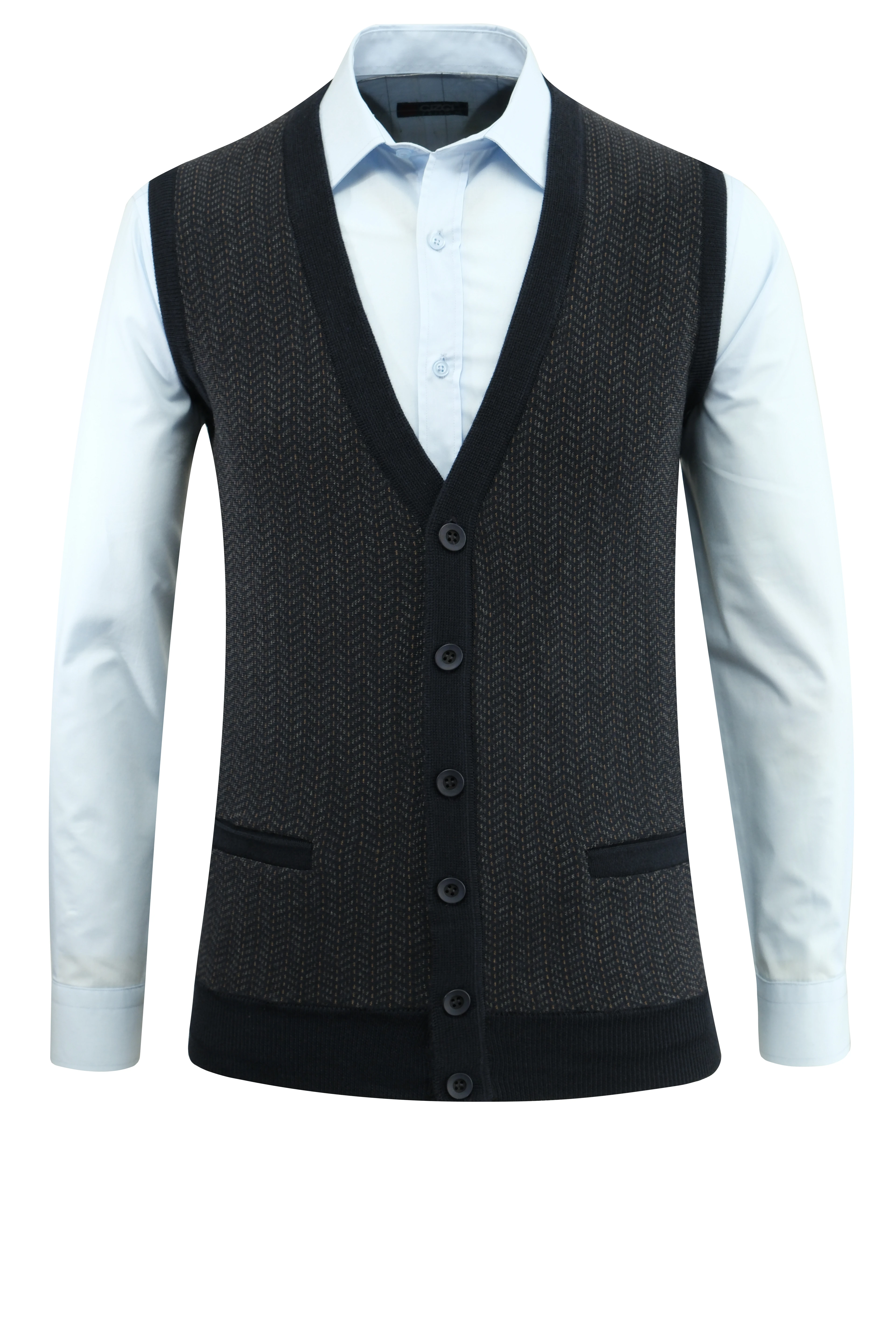 Erkek Düğmeli Yelek Cepli Desenli Çelik Örgü Klasik Kalıp - 5212L - LACİVERT