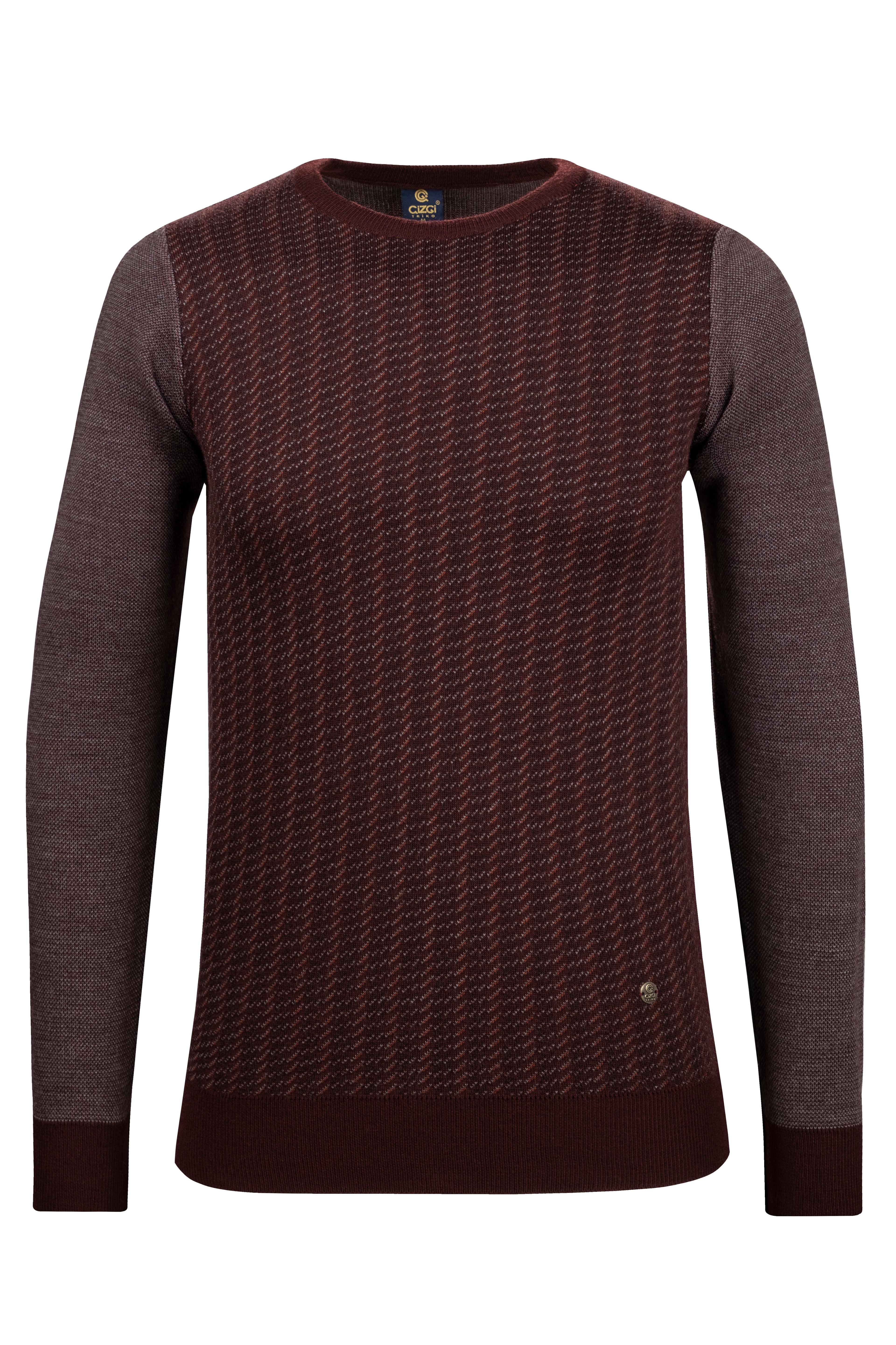 Stripe Knitwear Men's Crew Neck Knitwear Sweater Patterned Sleeve and Waist Elastic Steel Knitted Classic Pattern - 5010C - BORDO