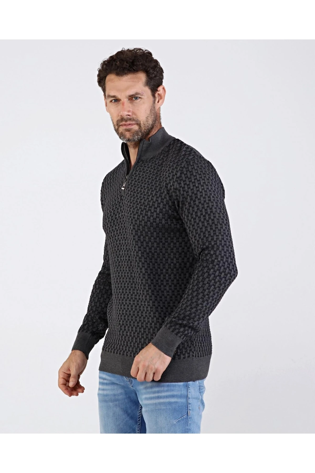 Erkek Yarım Balıkçı Yaka Pamuklu Triko Gri Kazak Desenli Kol Ve Bel Lastikli Regular