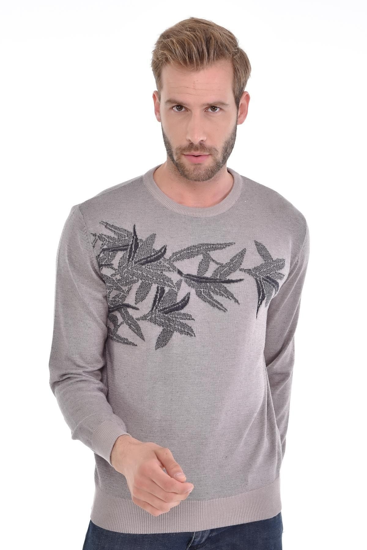 Erkek Sıfır Yaka Pamuklu Triko Bej Kazak Desenli Kol Ve Bel Lastikli Dokuma