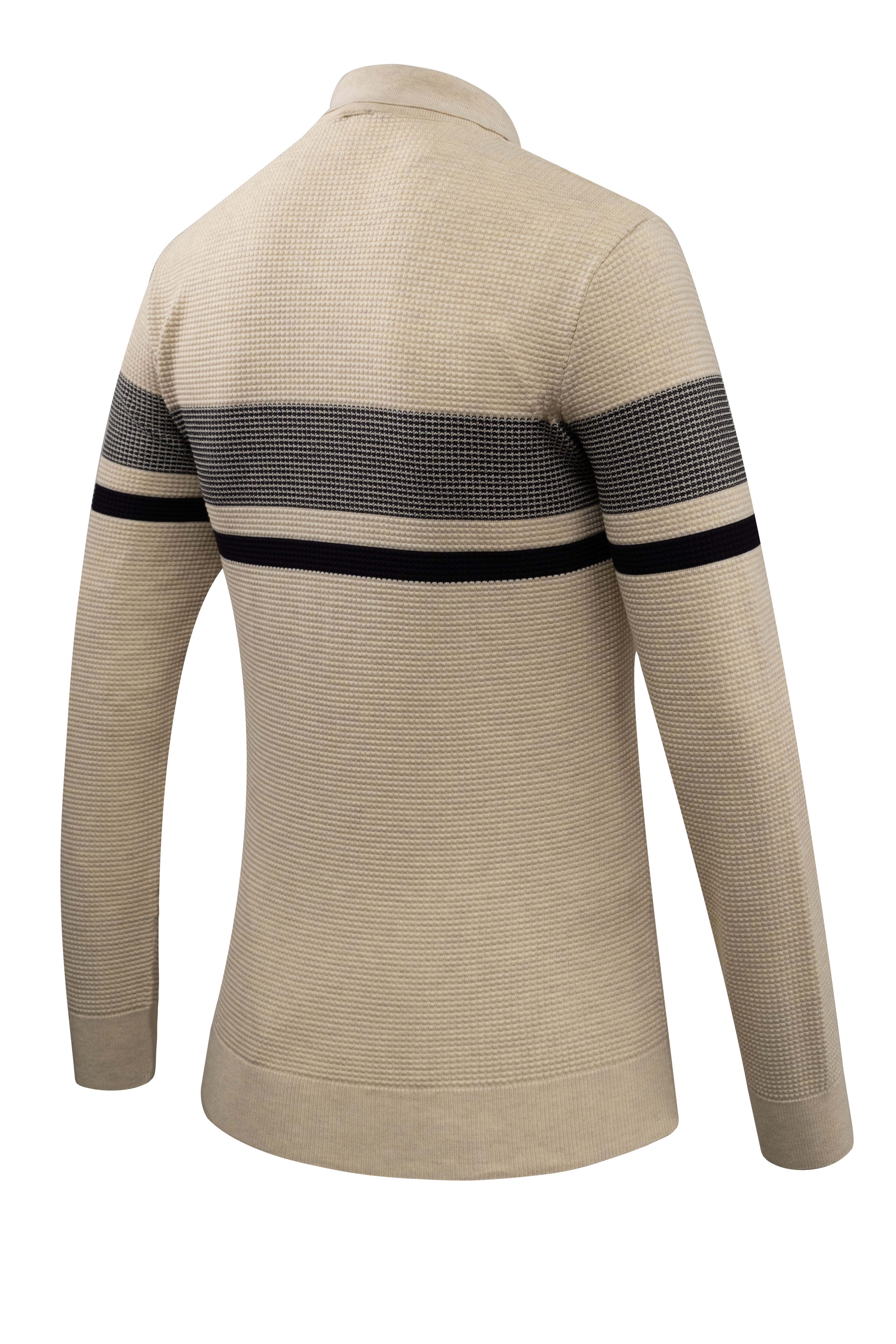 Erkek Fermuarlı Polo Yaka Kazak Triko Kabartmalı Örgü Desenli Klasik Kalıp - 5241F - BONE
