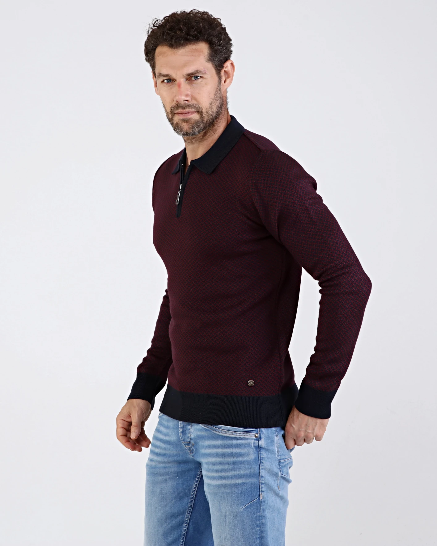 Çizgi Triko Erkek Polo Yaka Triko Kazak Desenli Kol Ve Bel Lastikli Çelik Örgü Regular Kalıp