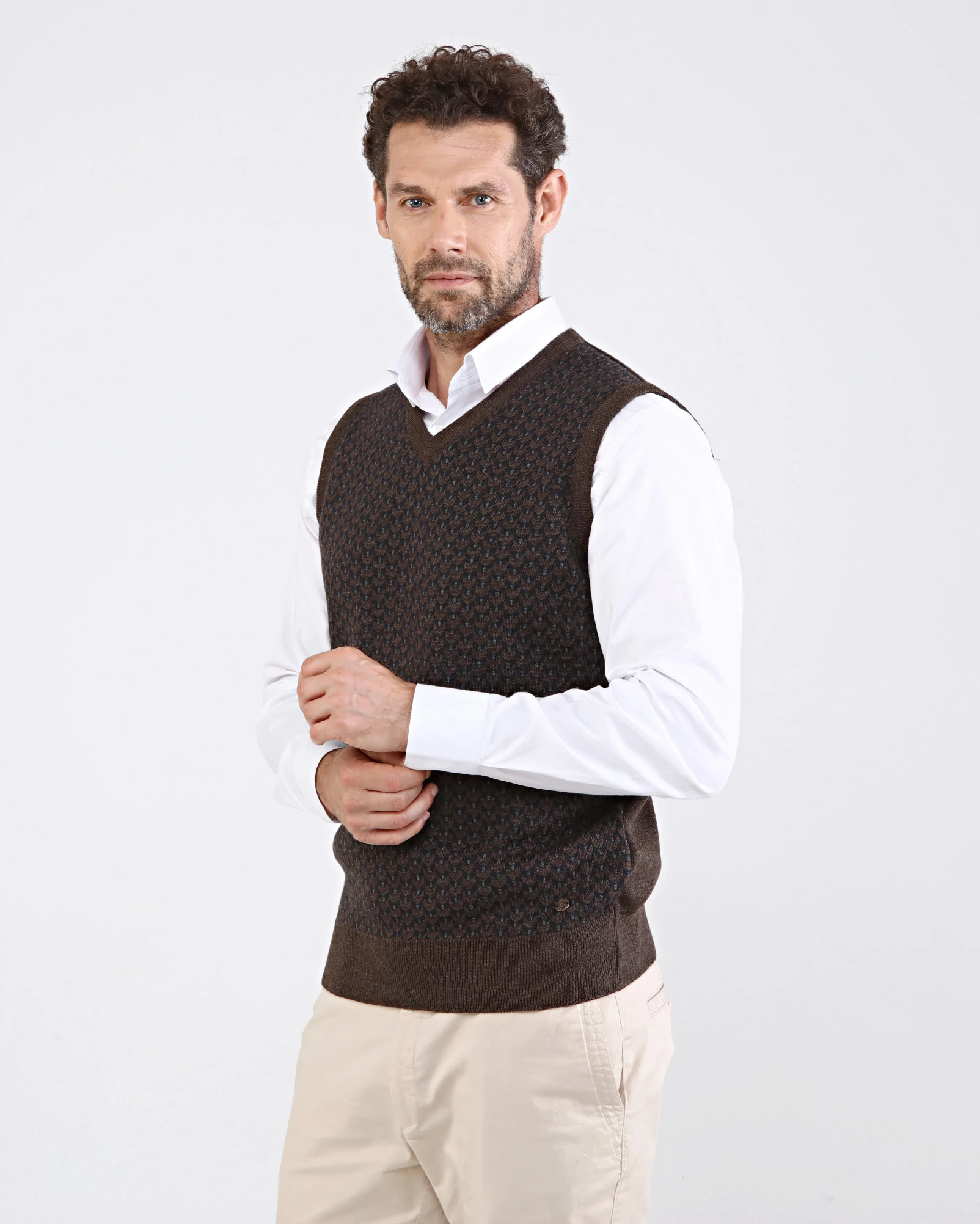 Stripe Knitwear Men's V-Neck Knitwear Sweater Patterned Colorful Winter Steel Knitted Classic Pattern - BROWN