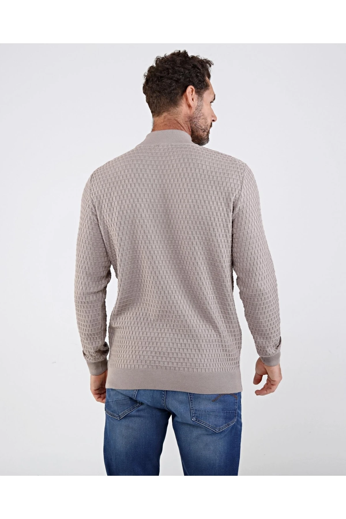 Erkek Yarım Balıkçı Yaka Pamuklu Triko Bej Kazak Desenli Kol Ve Bel Lastikli Regular