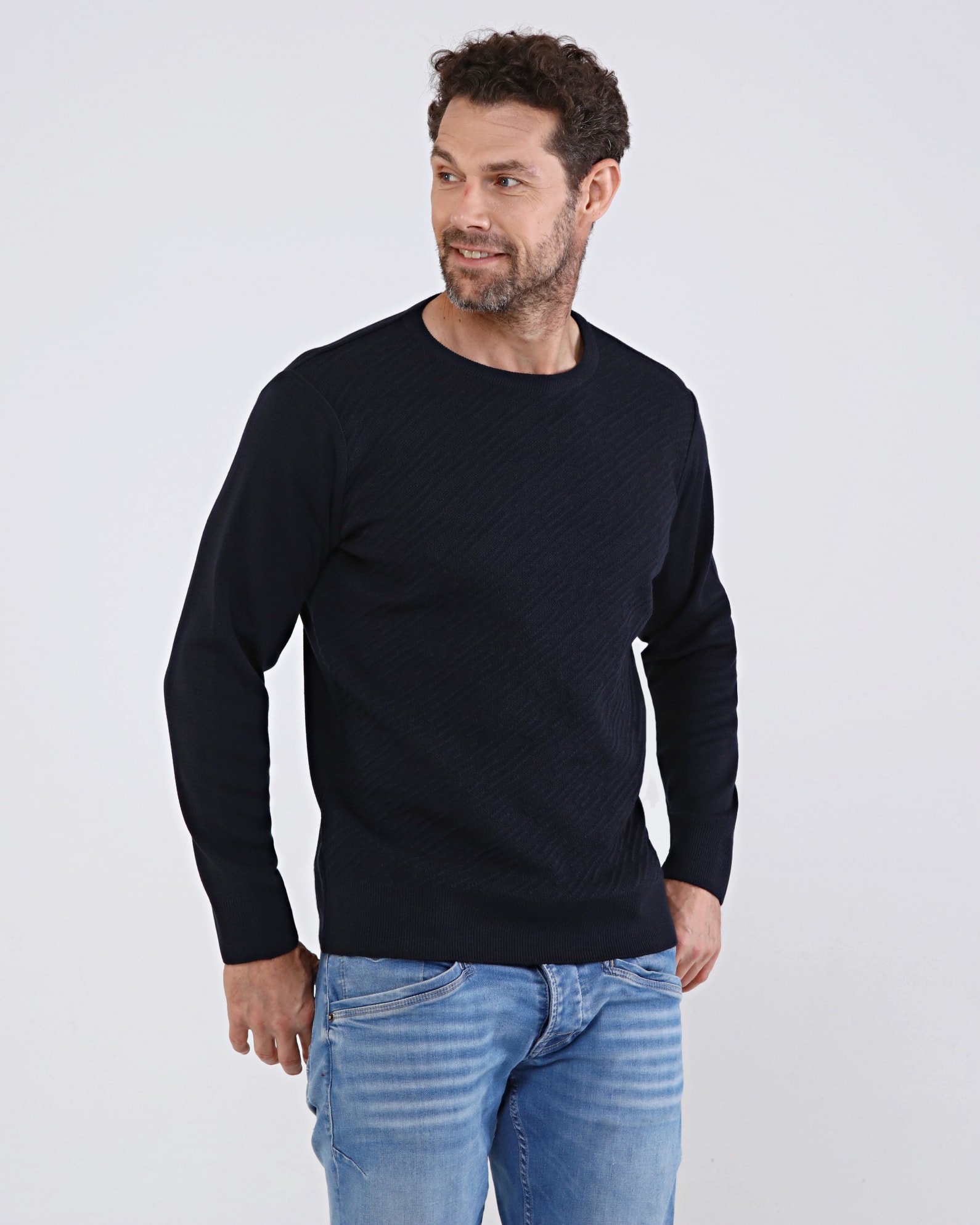 Stripe Knitwear Men's Crew Neck Knitwear Sweater Patterned Sleeves, Waist Elastic Steel Knitted Classic Pattern - NAVY BLUE