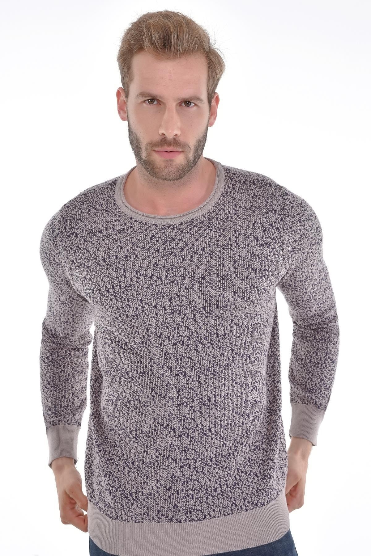 Erkek Sıfır Yaka Pamuklu Triko Bej Kazak Desenli Kol Ve Bel Lastikli Dokuma