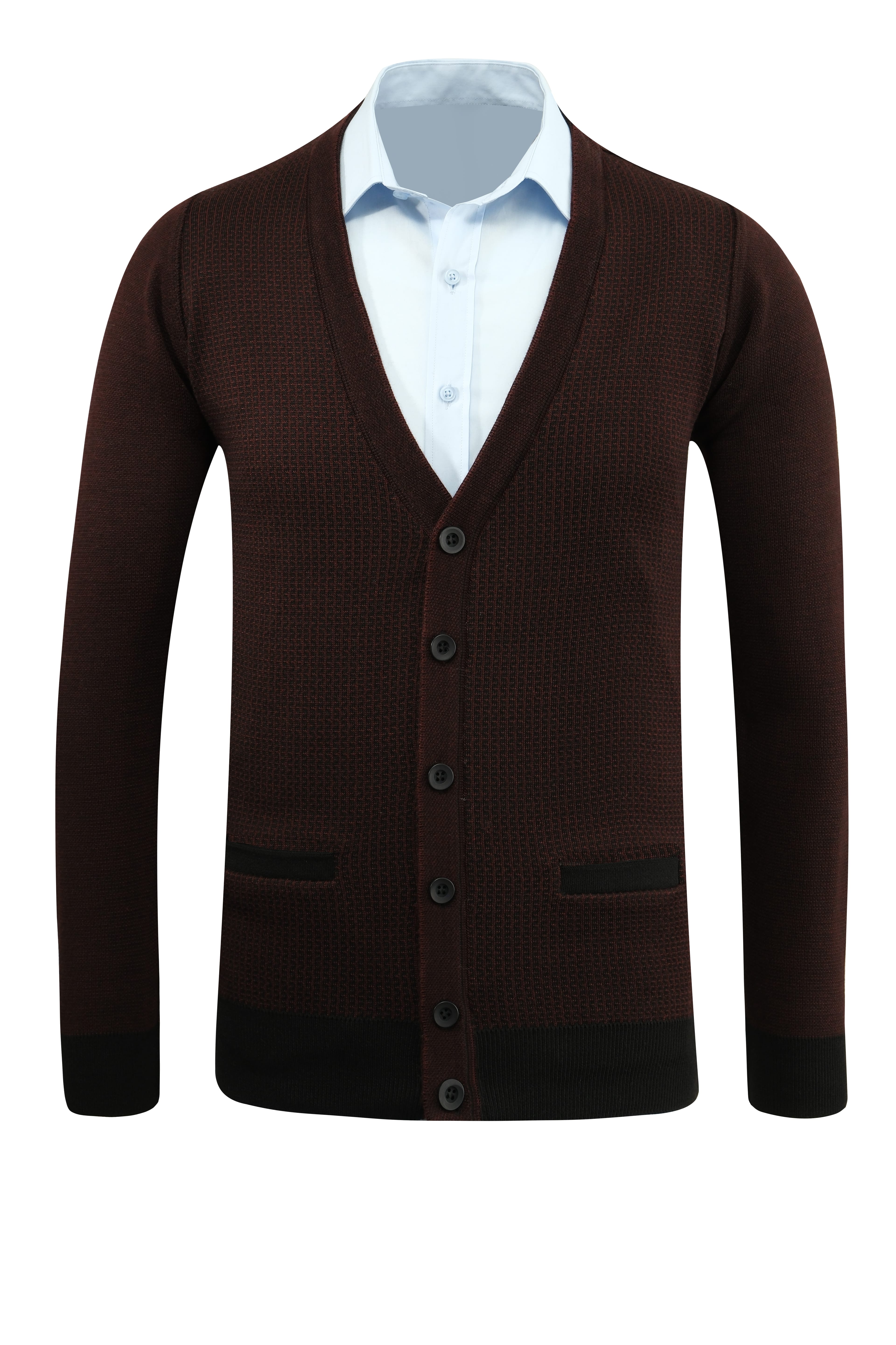 Erkek Düğmeli Hırka Cepli Desenli Çelik Örgü Klasik Kalıp - 5208M - BORDO