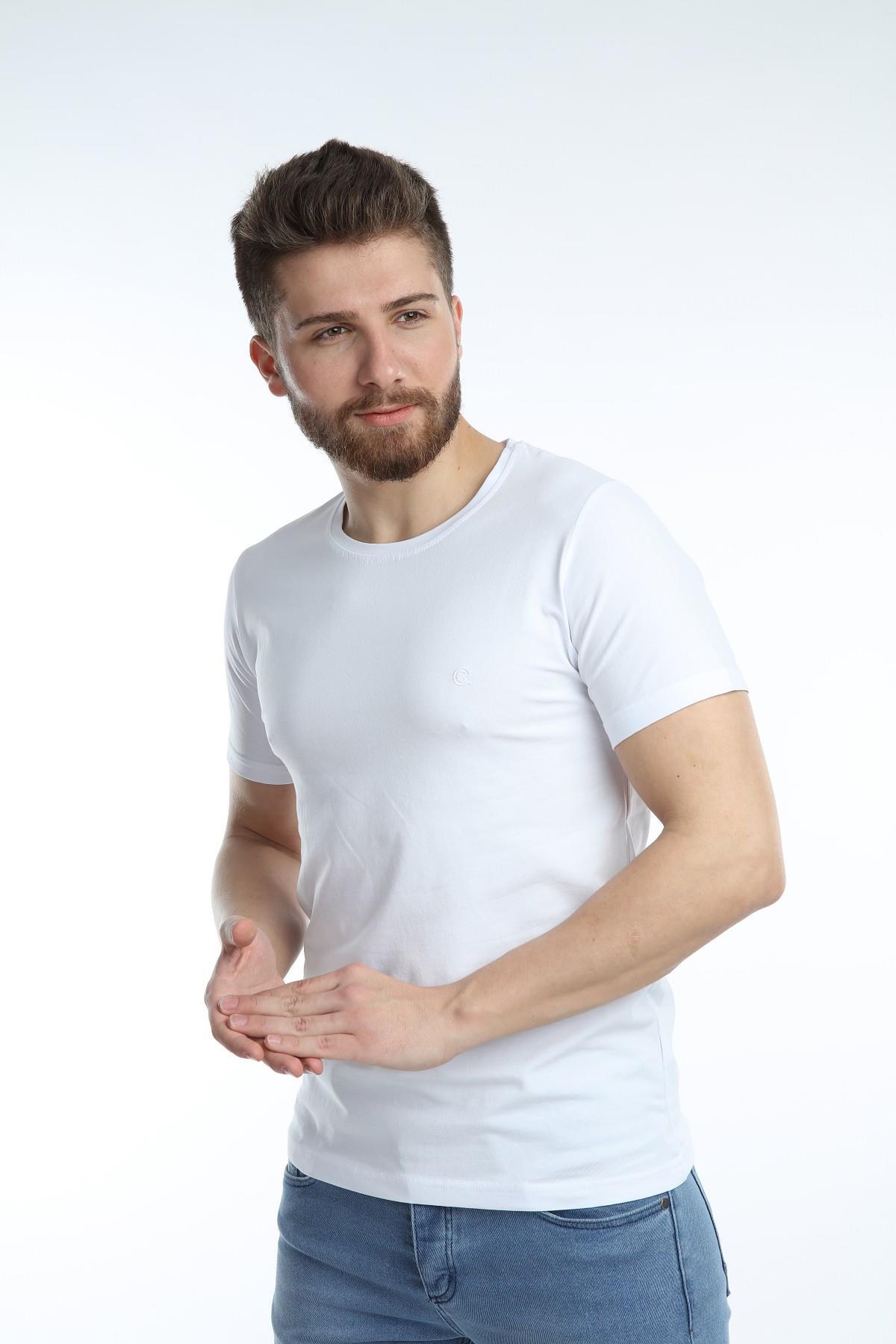 Erkek Bisiklet Yaka Basic Tişört Düz Beyaz Renk Slim Fit