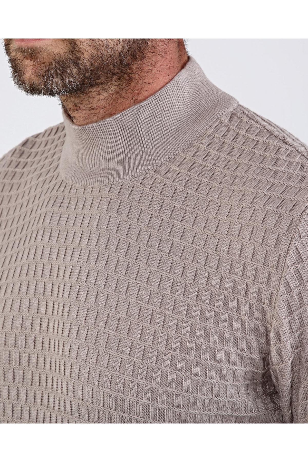 Erkek Yarım Balıkçı Yaka Pamuklu Triko Bej Kazak Desenli Kol Ve Bel Lastikli Regular