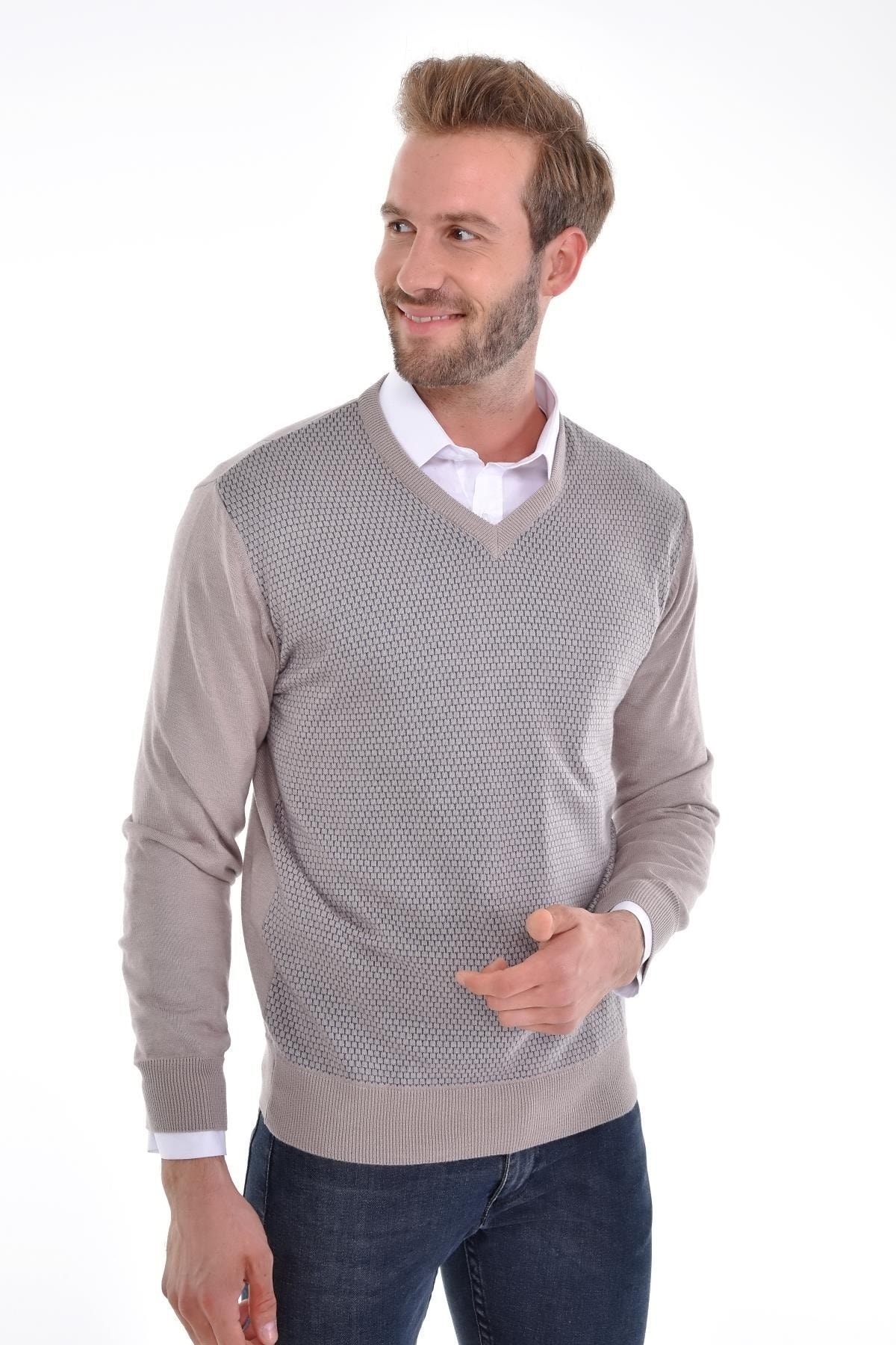 Erkek V Yaka Pamuklu Triko Bej Kazak Desenli Kol Ve Bel Lastikli Dokuma