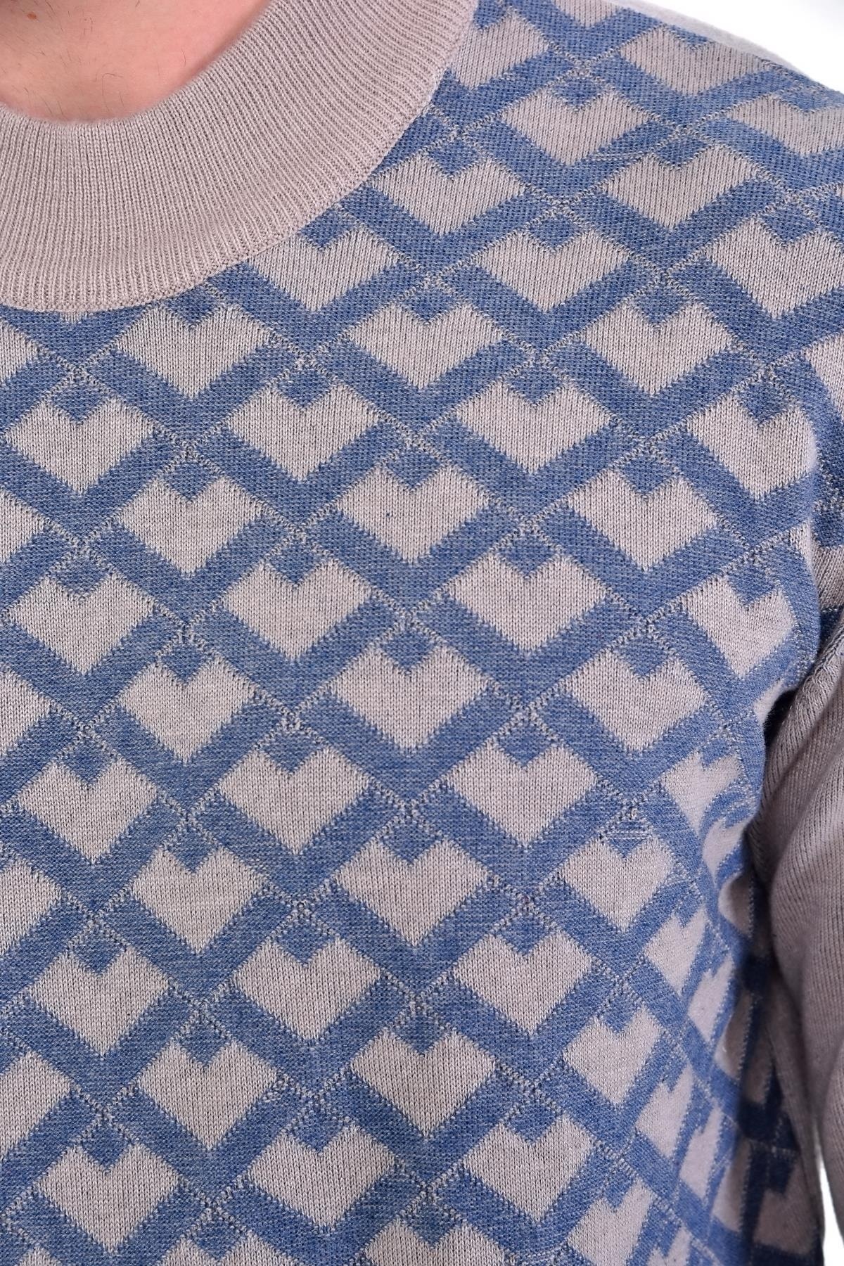 Erkek Yarım Balıkçı Yaka Pamuklu Triko Bej Kazak Desenli Kol Ve Bel Lastikli Dokuma