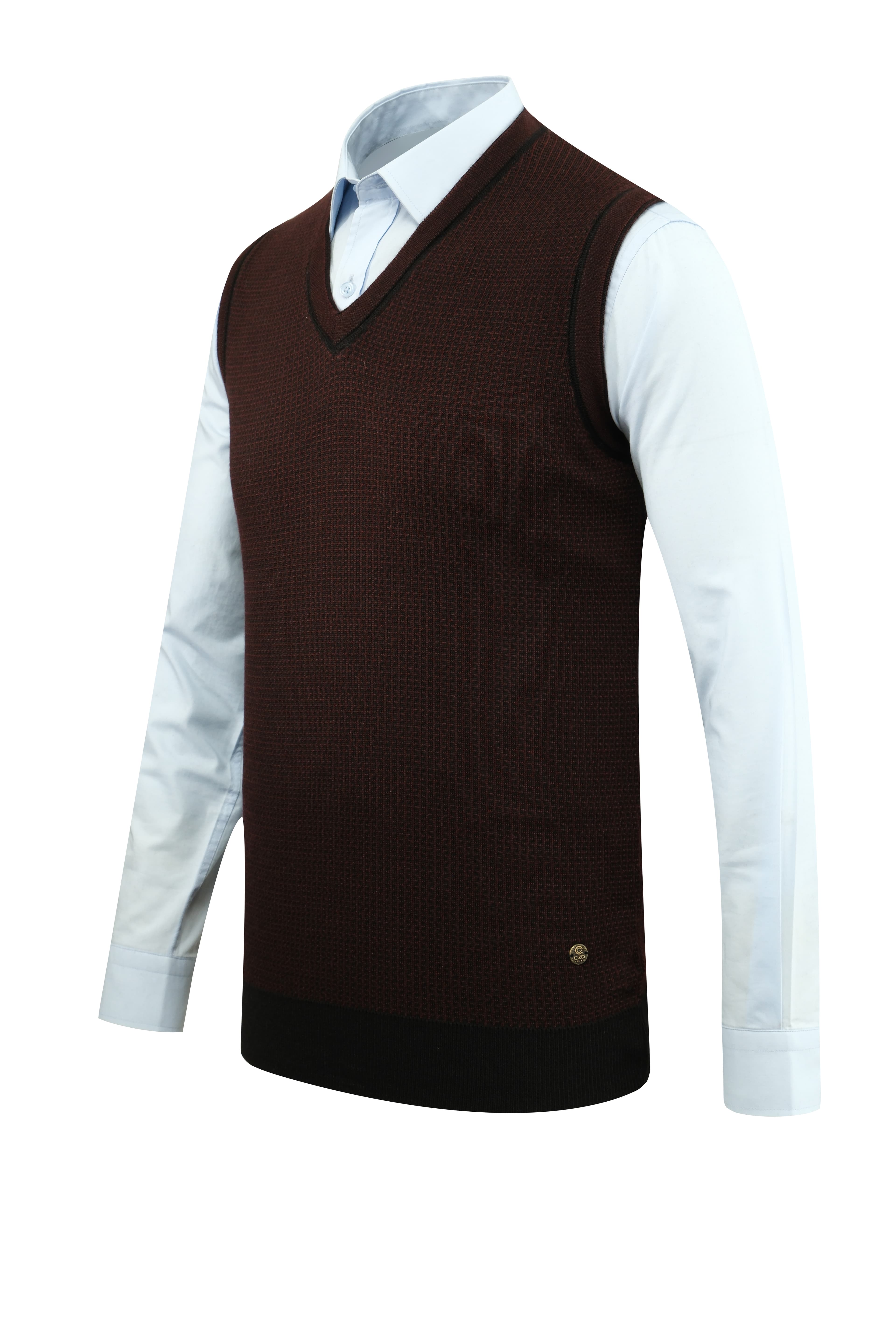 Erkek Büyük Beden V Yaka Süveter Desenli Çelik Örgü Klasik Kalıp - 5208HB - BURGUNDY