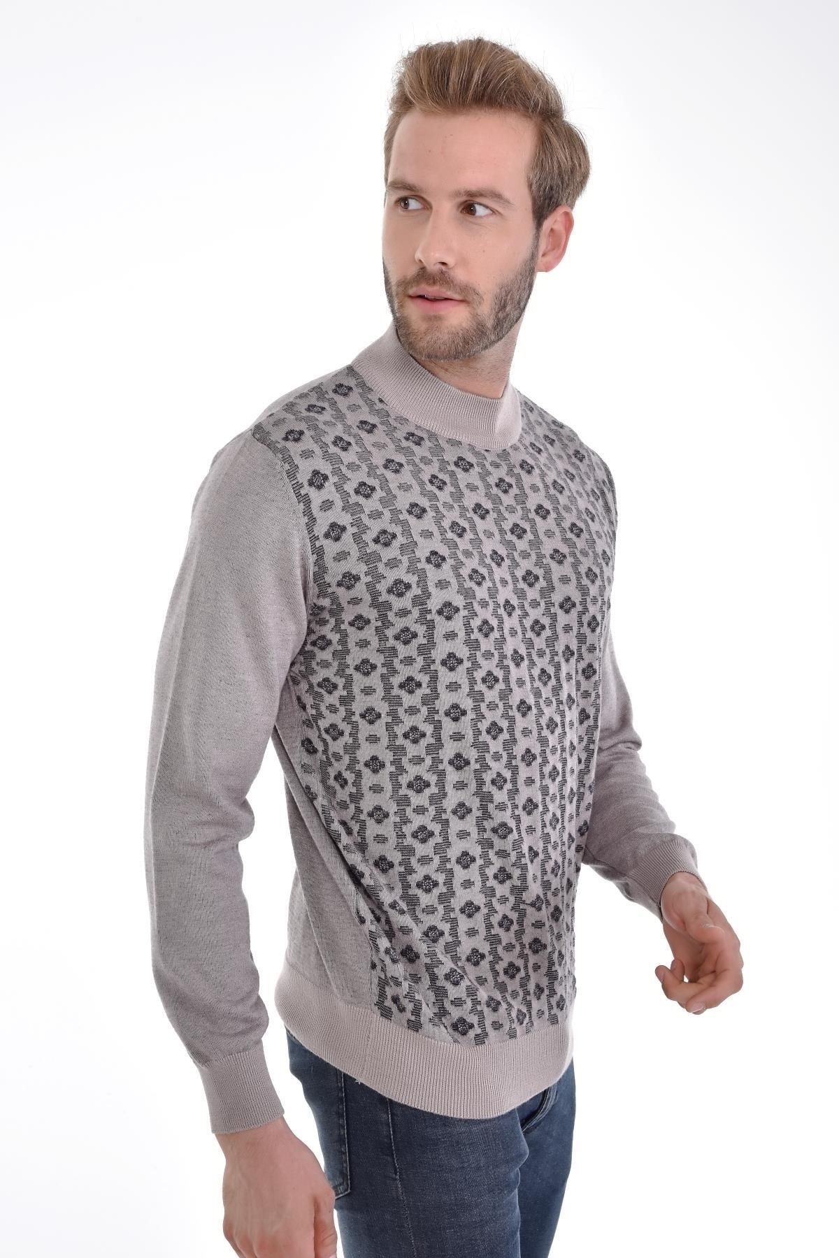 Erkek Yarım Balıkçı Yaka Pamuklu Triko Bej Kazak Desenli Kol Ve Bel Lastikli Dokuma