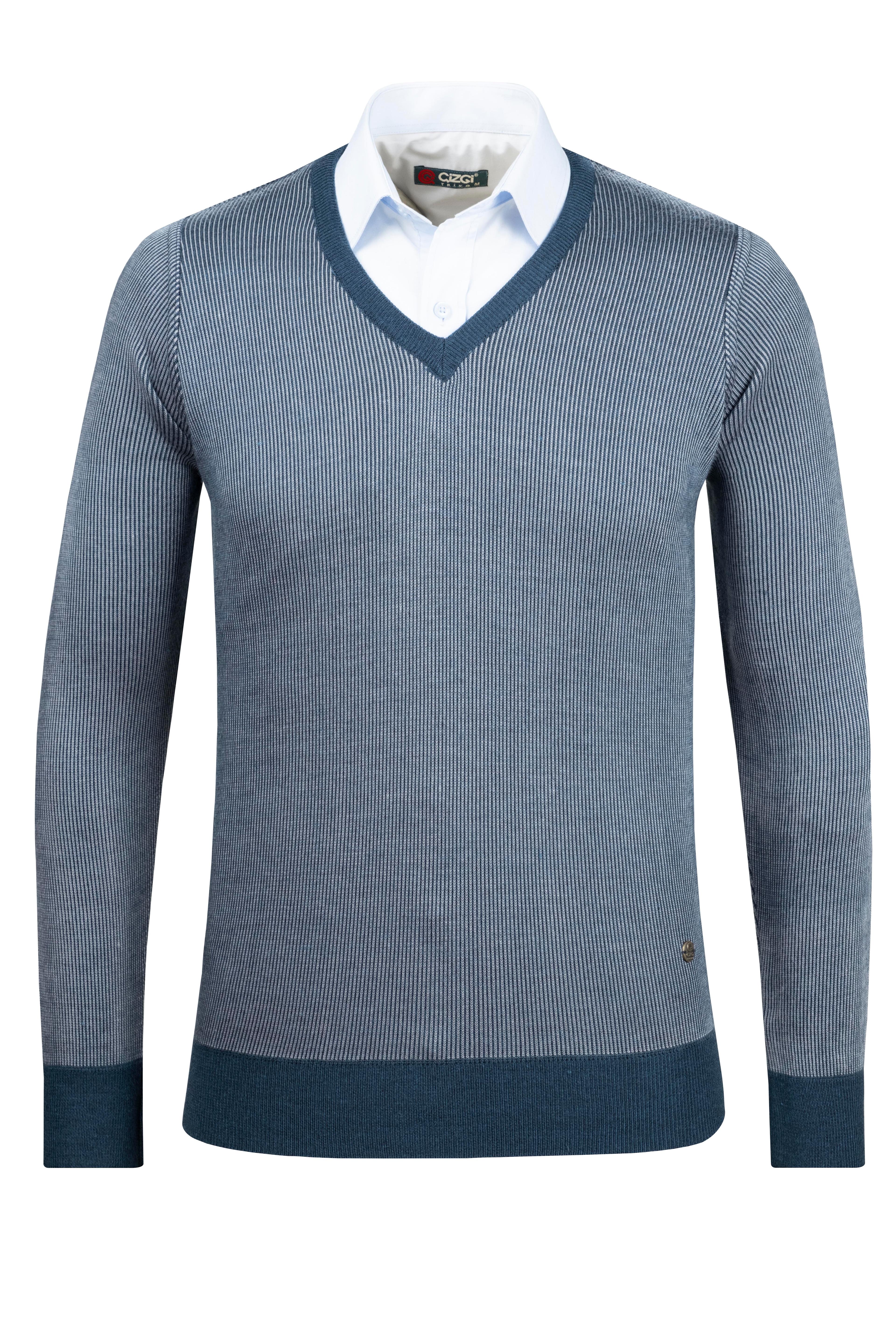 Stripe Knitwear Men's V-Neck Knitwear Sweater Patterned Sleeve and Waist Elastic Steel Knitted Classic Pattern - 5015D - OIL