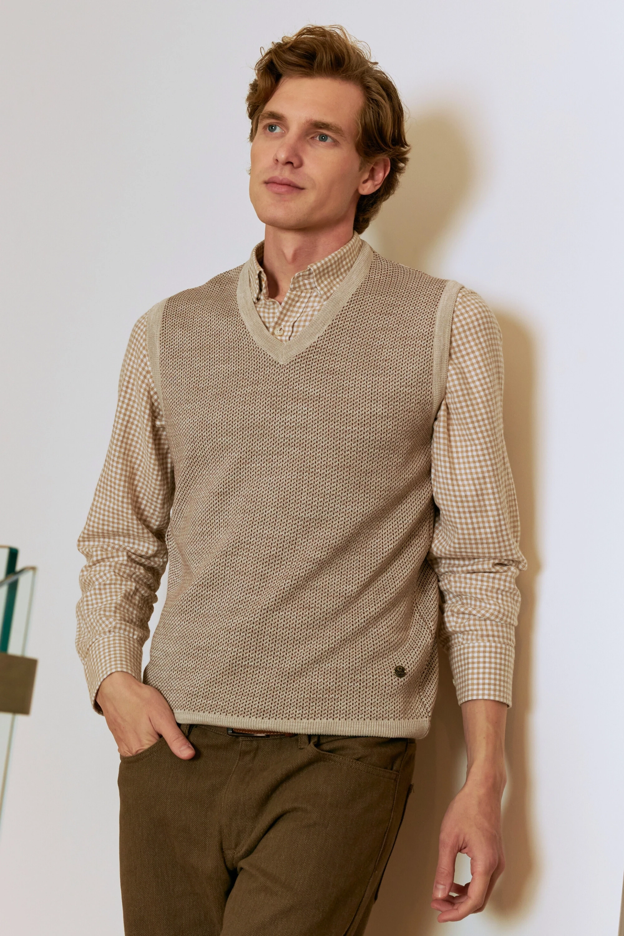 Erkek V Yaka Süveter Desenli Çelik Örgü Regular Kalıp - 5206H