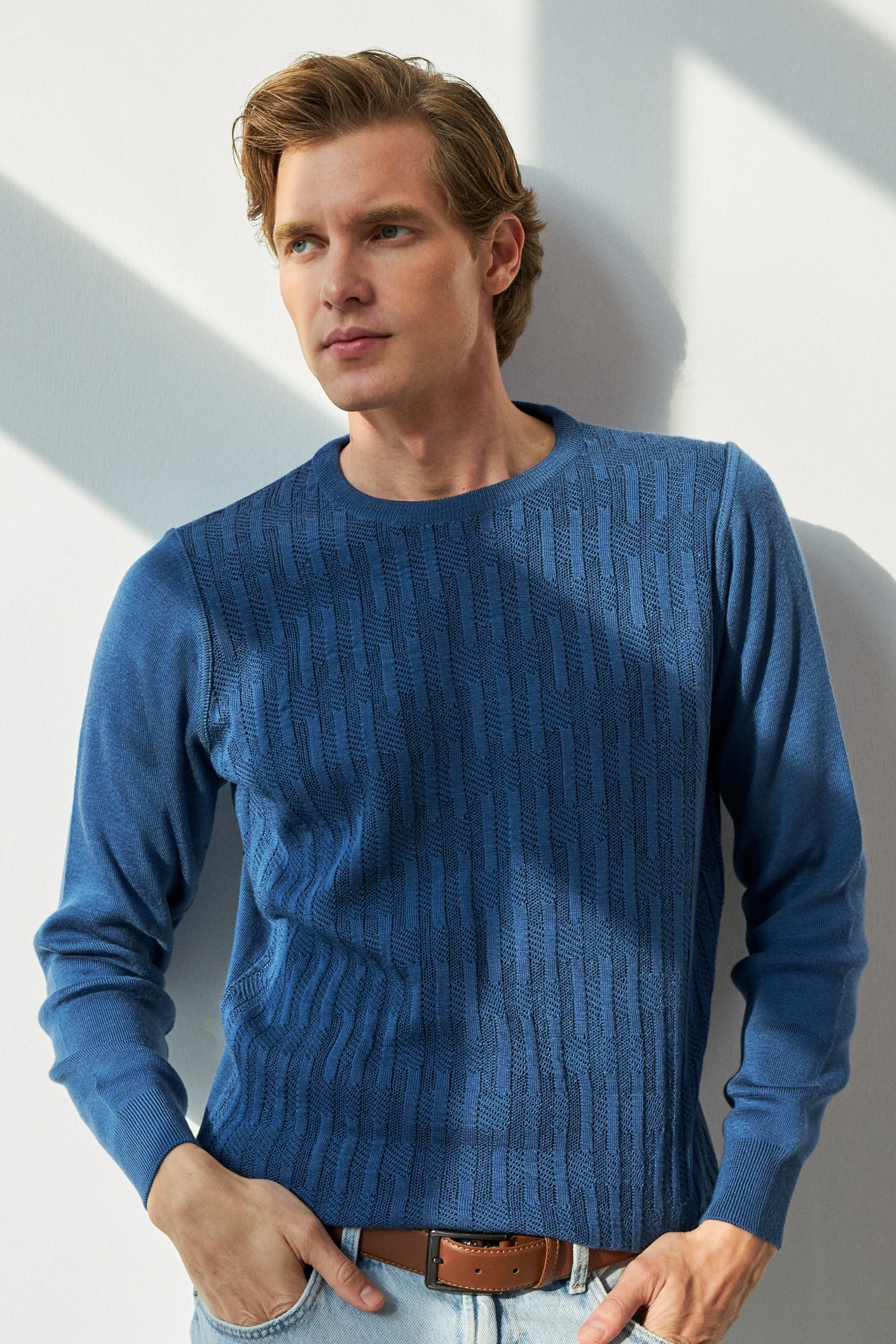 Erkek Sıfır Yaka Kazak Desenli Çelik Örgü Klasik Kalıp - 5202C