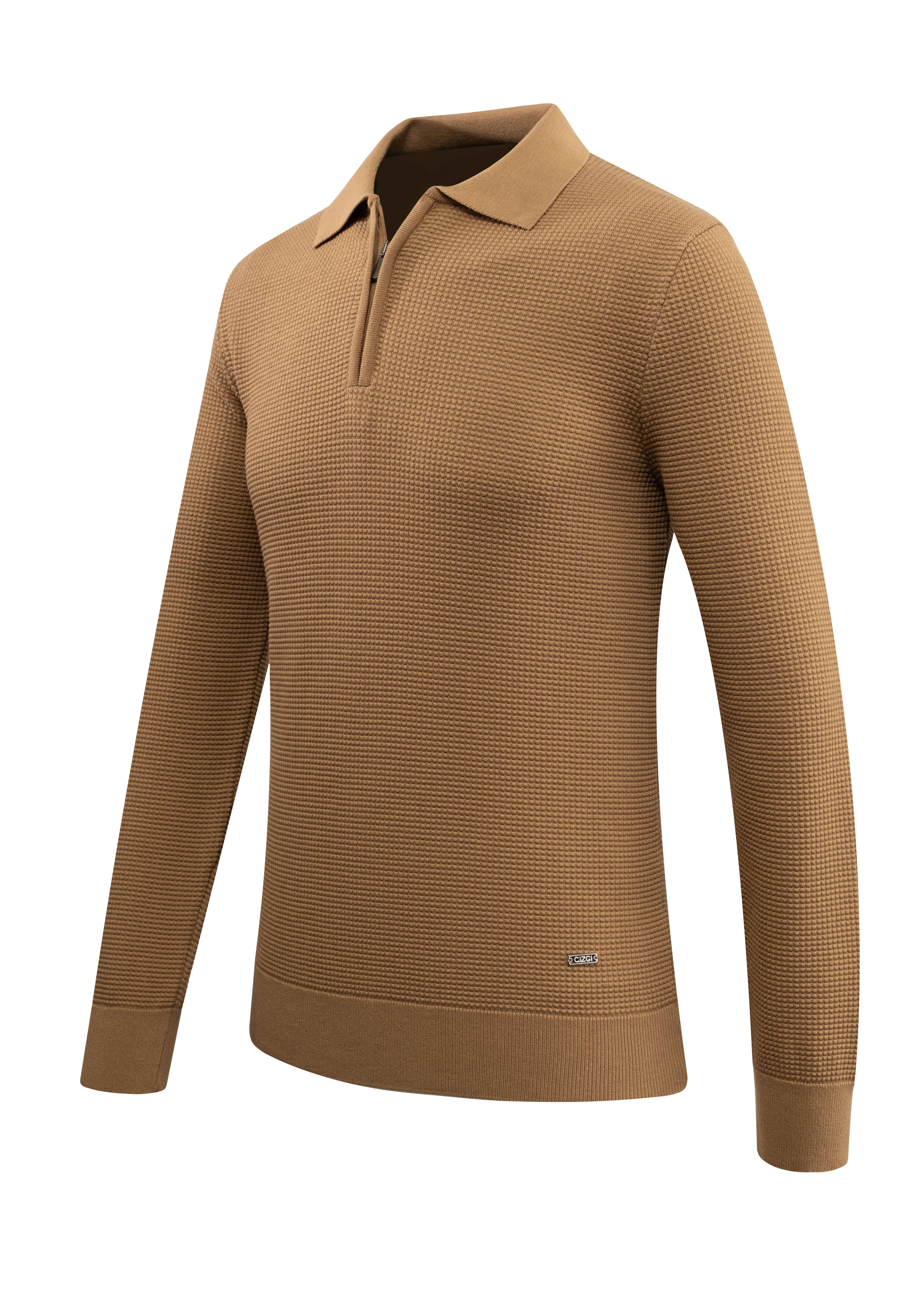 Erkek Fermuarlı Polo Yaka Kazak Triko Kabartmalı Örgü Düz Renk Klasik Kalıp - 5240F - CAMEL