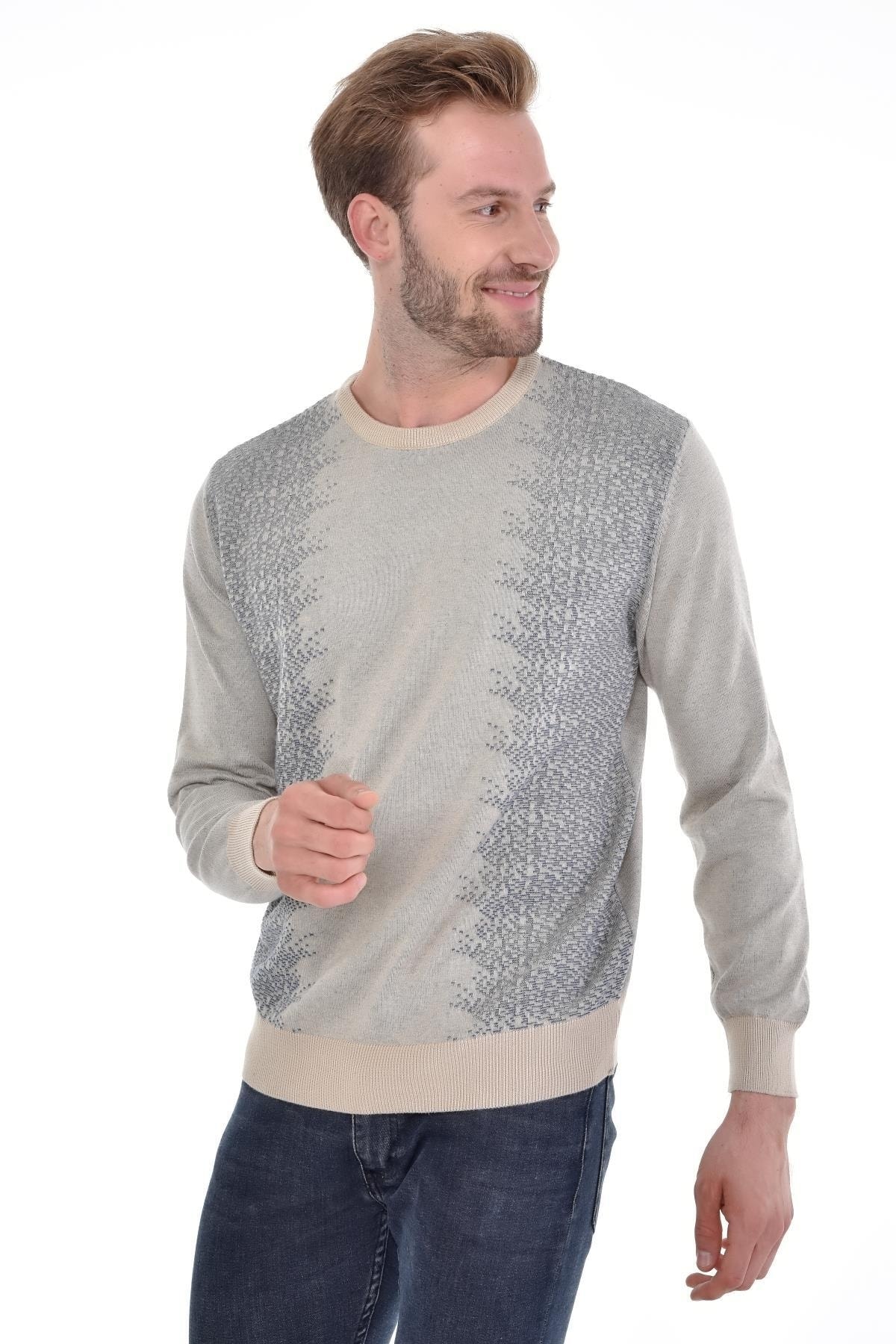 Erkek Sıfır Yaka Pamuklu Triko Bej Kazak Desenli Kol Ve Bel Lastikli Dokuma