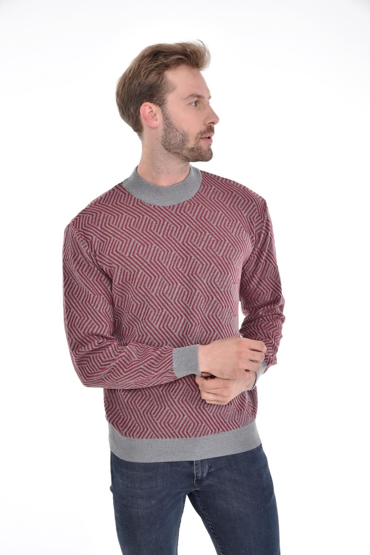 Erkek Yarım Balıkçı Yaka Pamuklu Triko Gri Kazak Desenli Kol Ve Bel Lastikli Dokuma