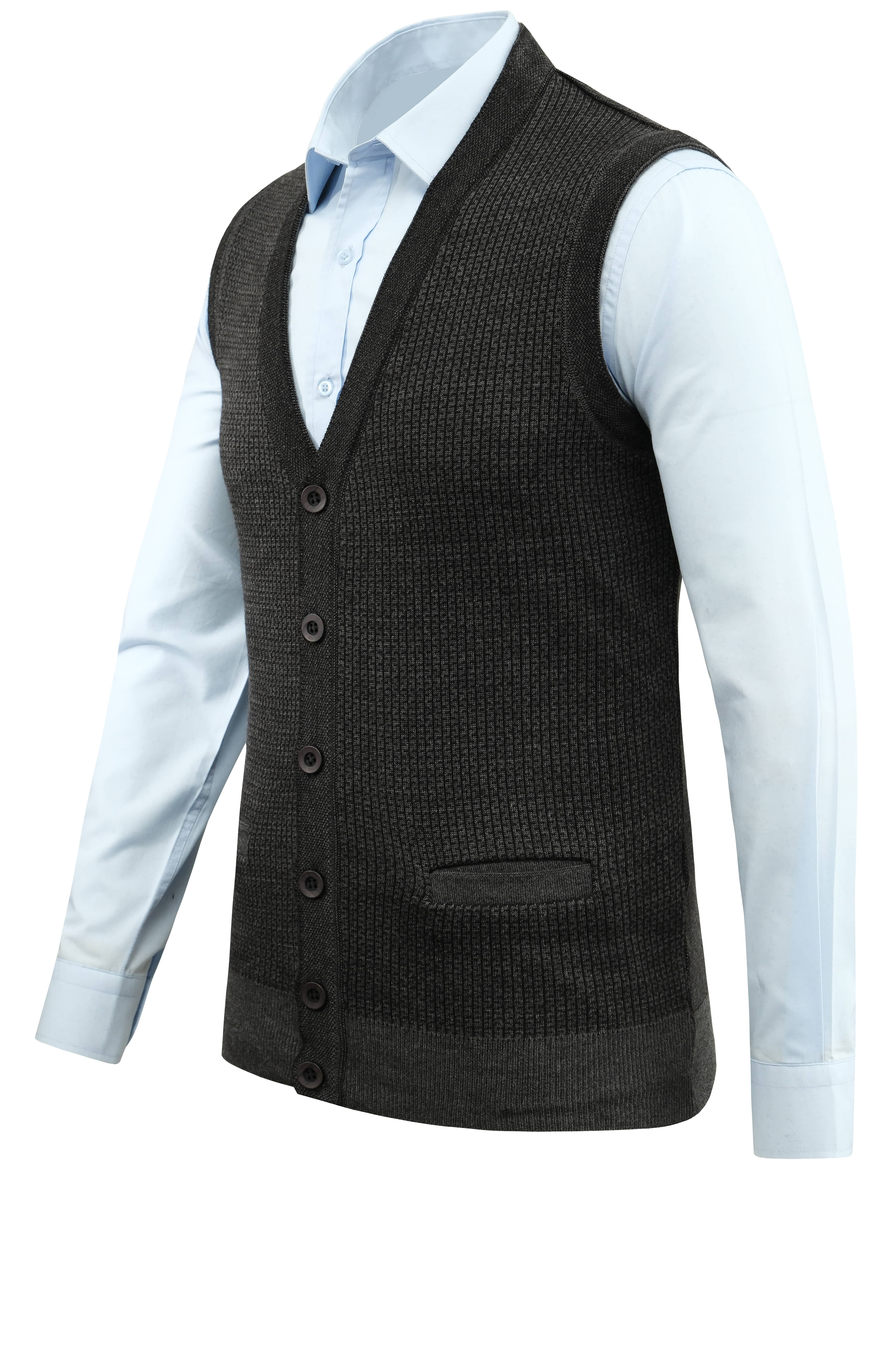 Erkek Büyük Beden Düğmeli Yelek Cepli Desenli Çelik Örgü Klasik Kalıp - 5208LB - ANTHRACITE