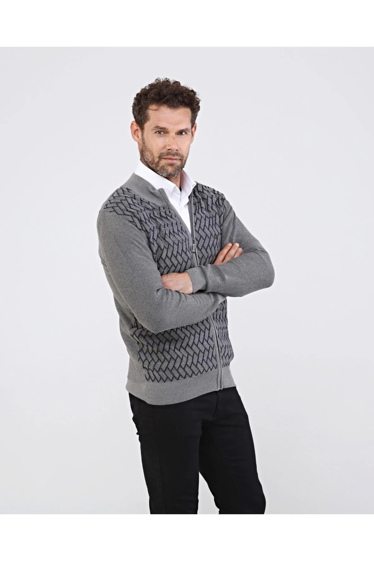 Erkek Triko Pamuklu Gri Ceket Fermuarlı Desenli Kol Ve Bel Lastikli Regular Kalıp