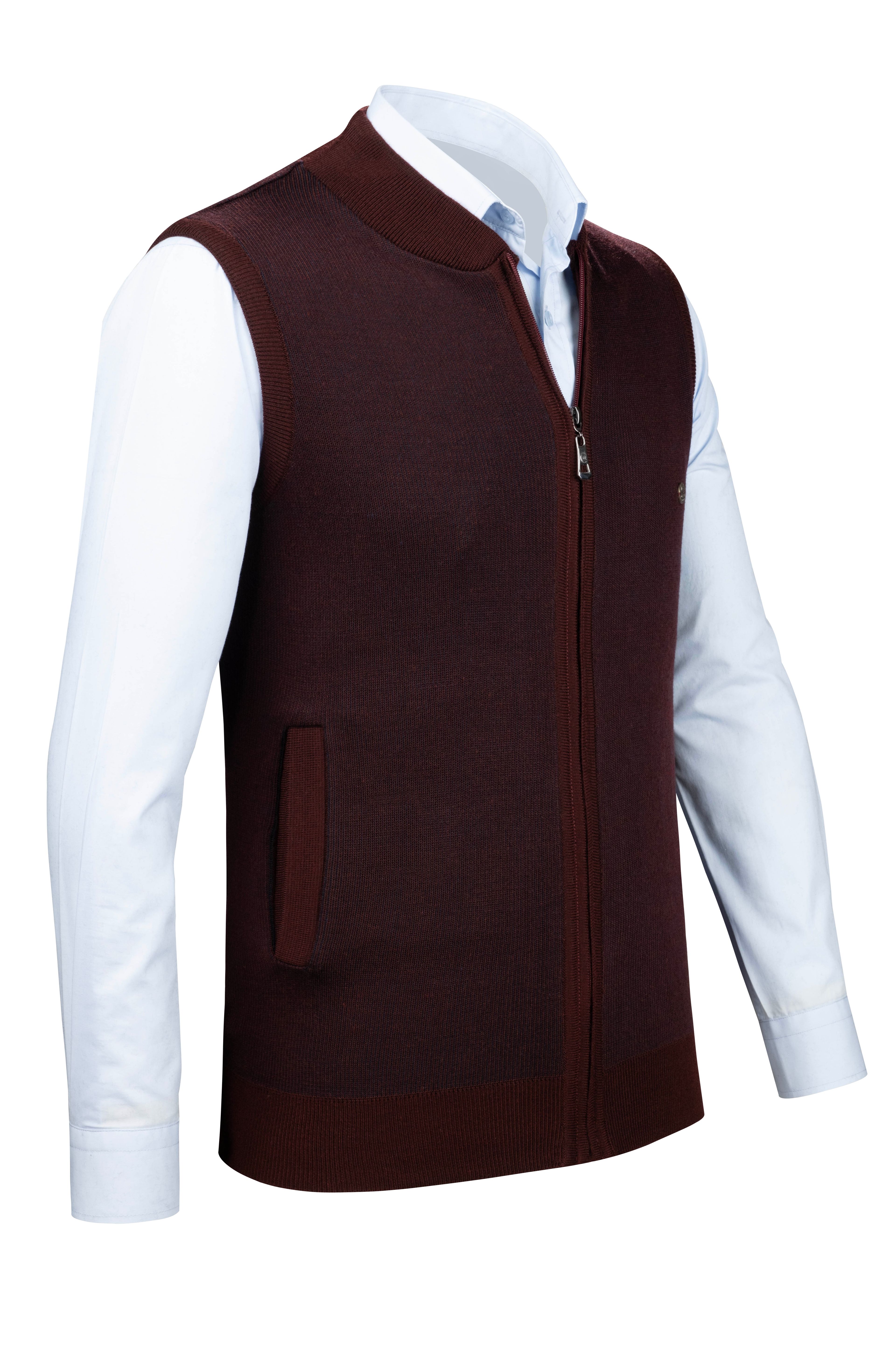 Stripe Knitwear Men's Knitwear Vest with Zipper Pockets Steel Knitted Knitwear Classic Pattern - 5015J - BURGUNDY