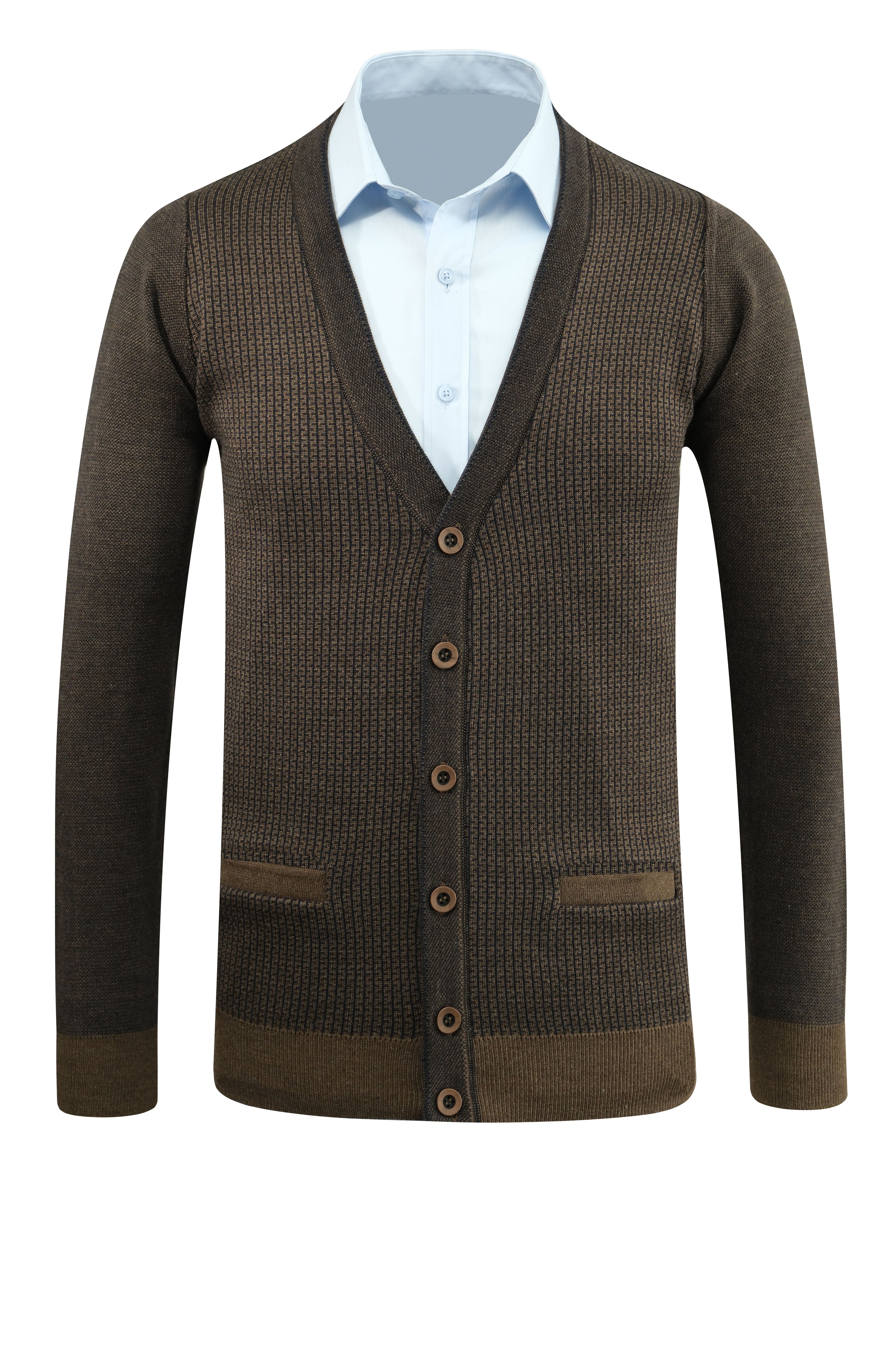 Erkek Düğmeli Hırka Cepli Desenli Çelik Örgü Klasik Kalıp - 5208M - VİZON