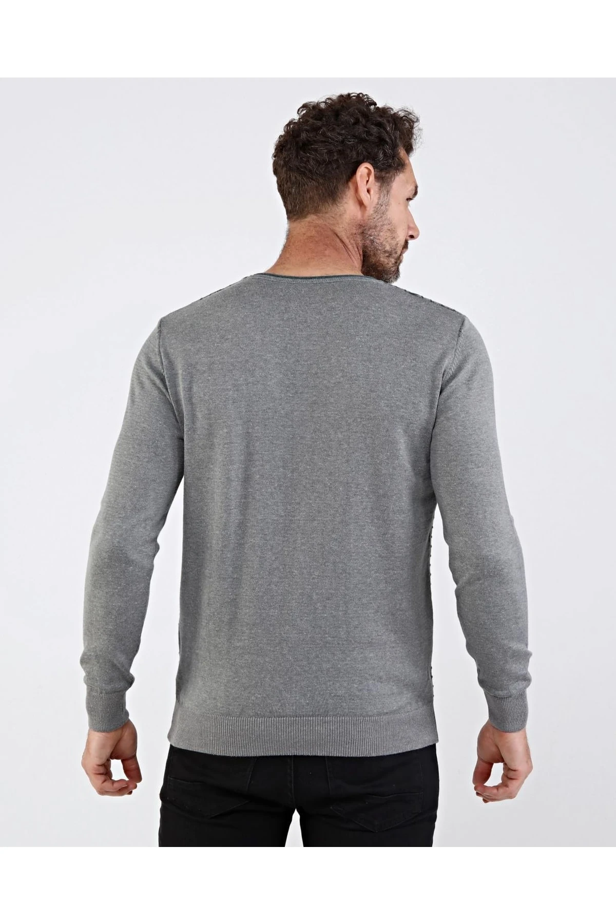 Erkek Sıfır Yaka Pamuklu Triko Gri Kazak Desenli Kol Ve Bel Lastikli Regular Kalıp