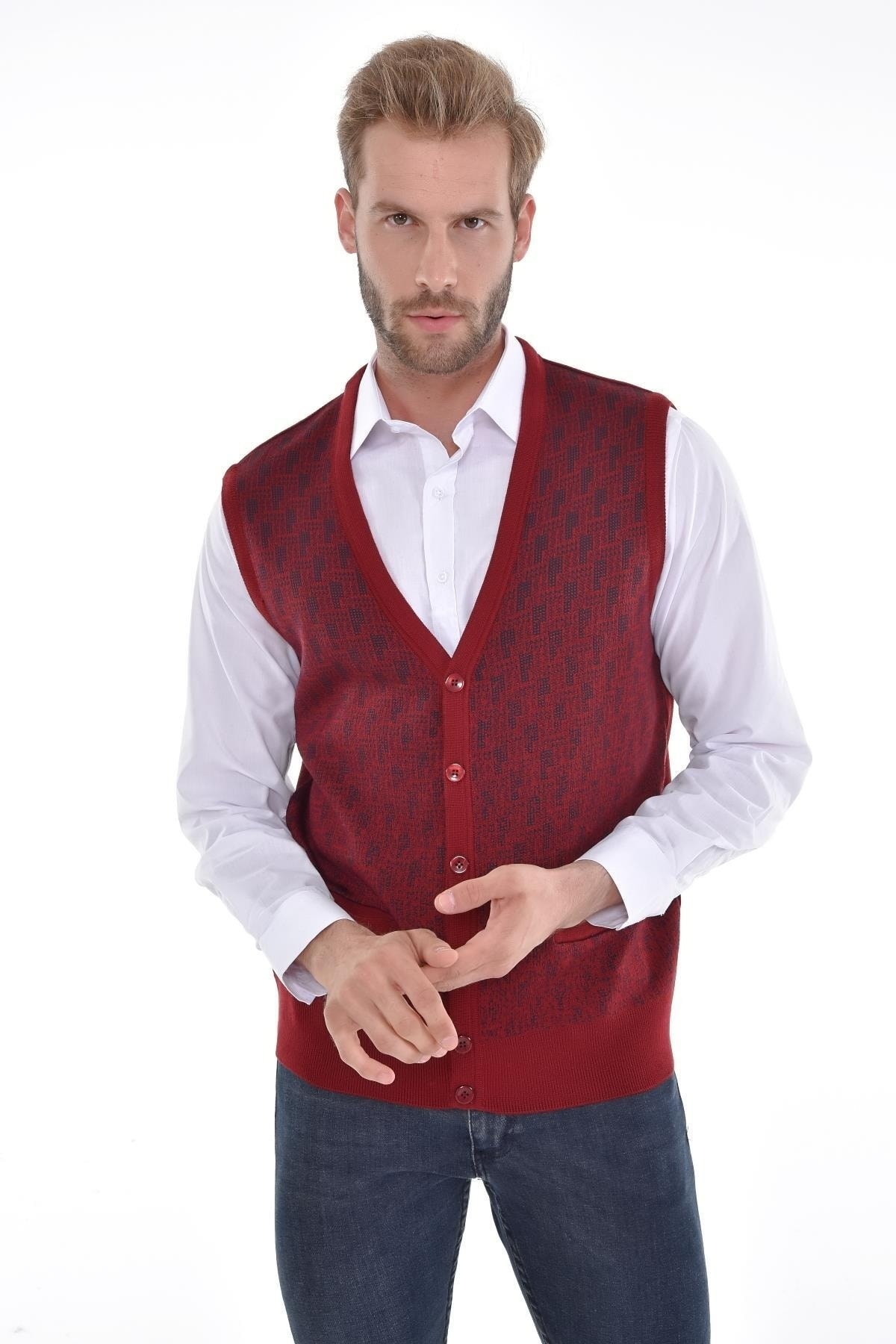 Erkek Triko V Yaka Bordo Yelek Düğmeli Cep Detaylı Desenli Bel Lastikli Çelik Örgü