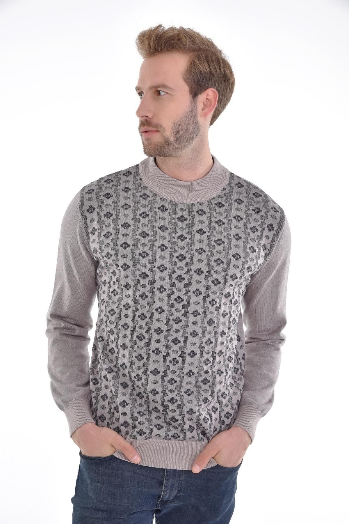 Erkek Yarım Balıkçı Yaka Pamuklu Triko Bej Kazak Desenli Kol Ve Bel Lastikli Dokuma