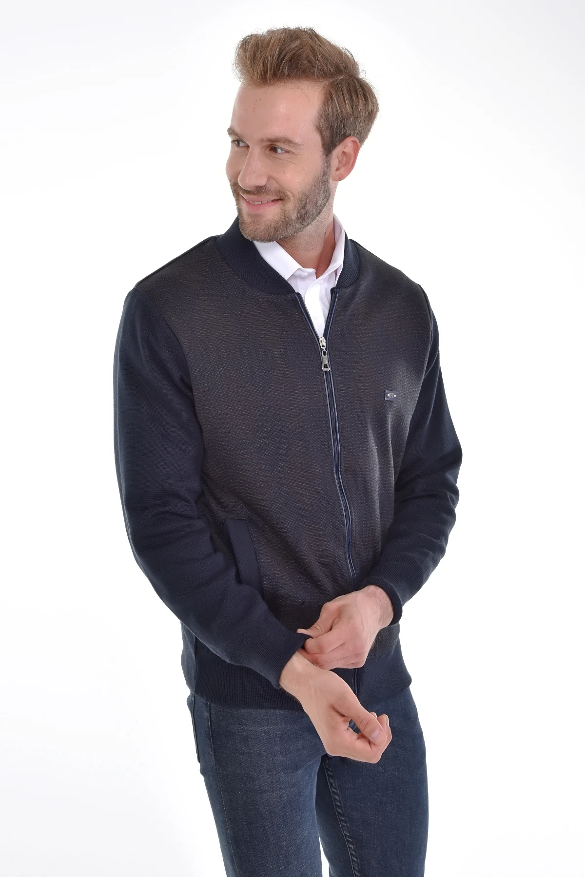 Çizgi Triko Erkek Hakim Yaka Astarlı Triko Mont Fermuarlı Desenli Çelik Örgü