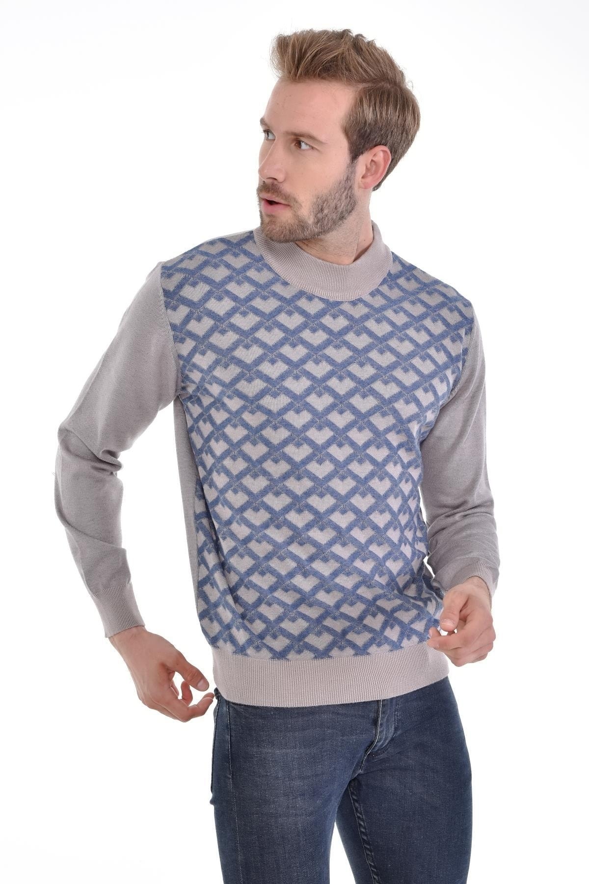 Erkek Yarım Balıkçı Yaka Pamuklu Triko Bej Kazak Desenli Kol Ve Bel Lastikli Dokuma