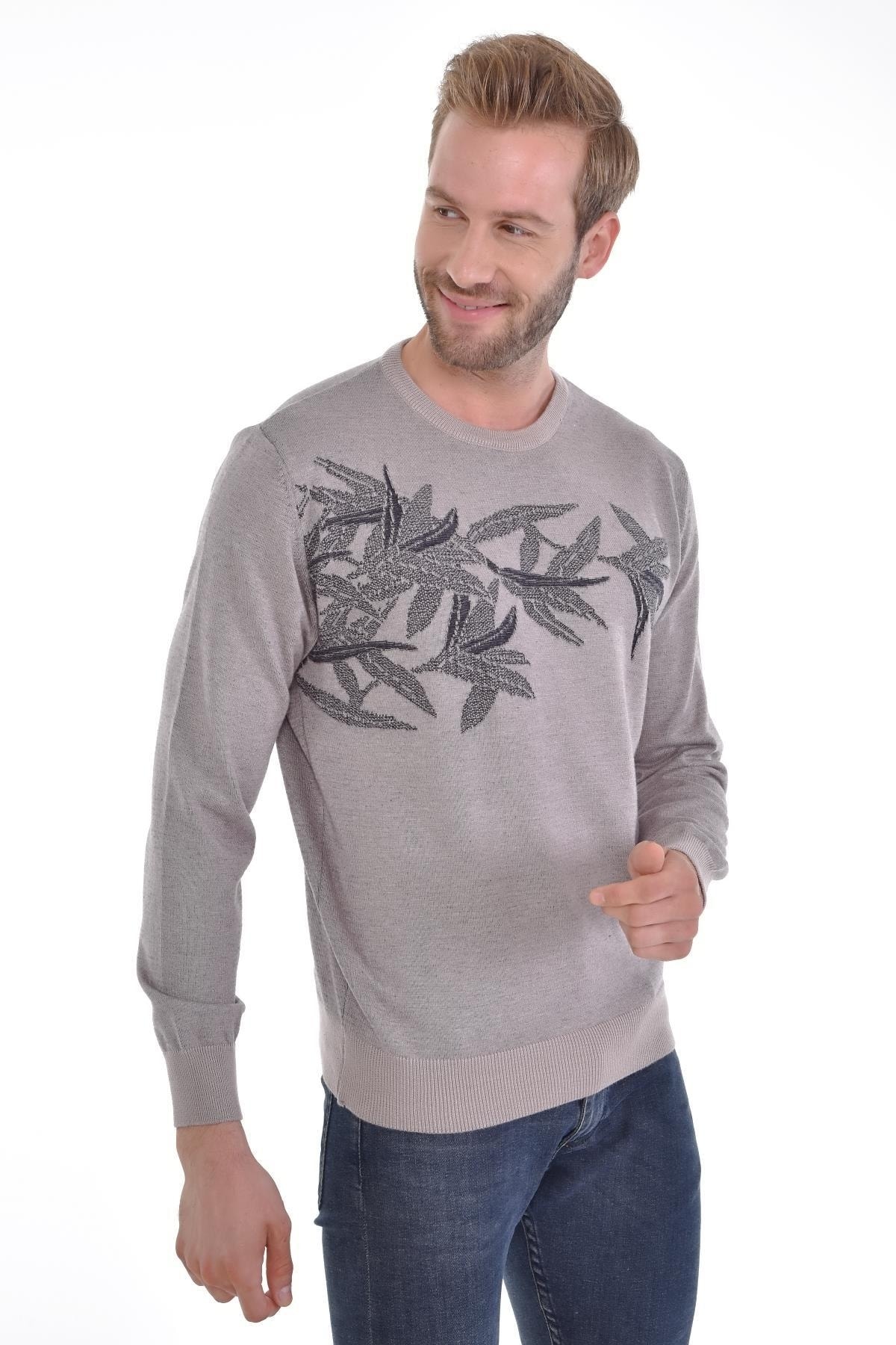 Erkek Sıfır Yaka Pamuklu Triko Bej Kazak Desenli Kol Ve Bel Lastikli Dokuma