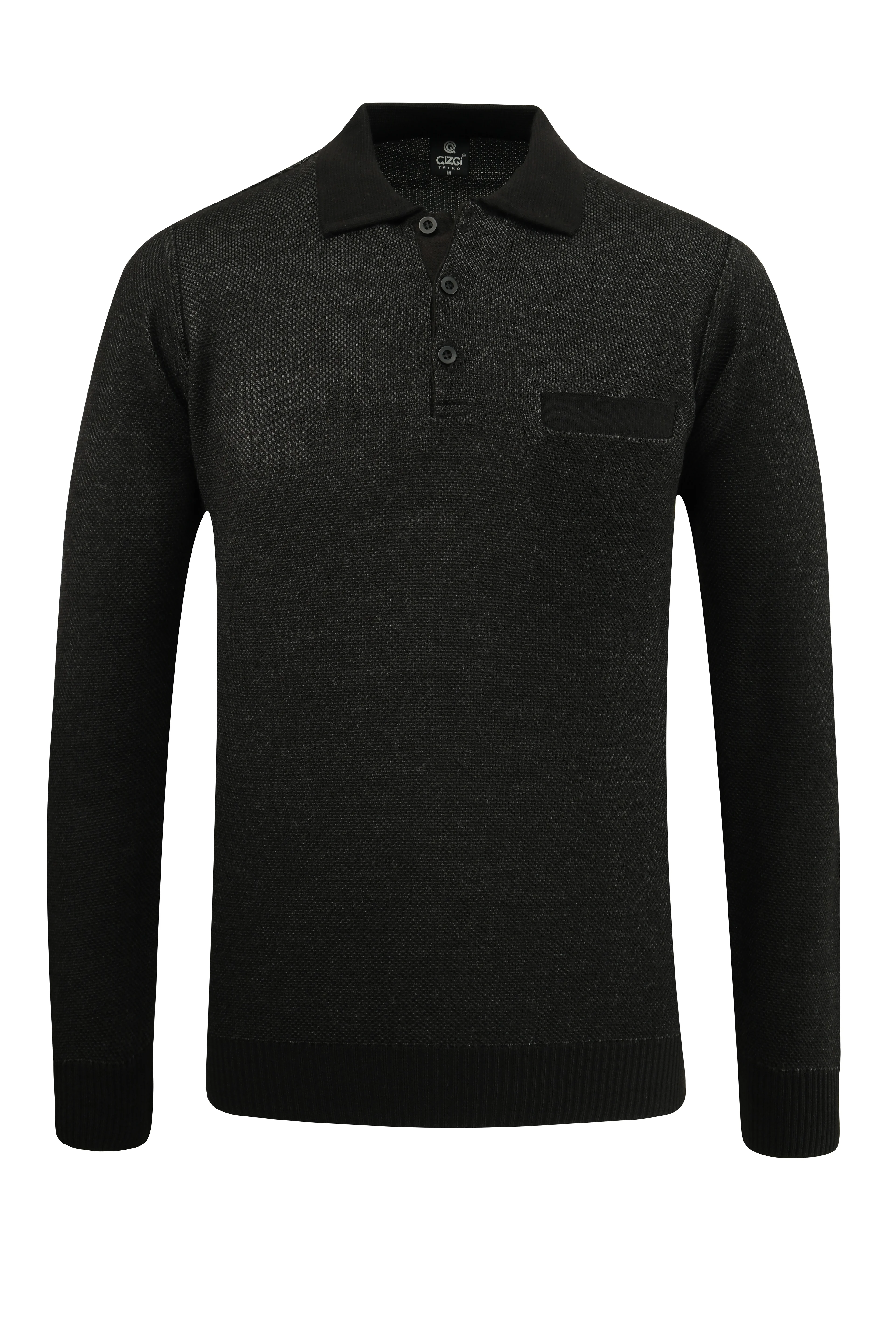 Erkek Polo Yaka Kazak Cepli Pike Desen Çelik Örgü Klasik Kalıp - 5214F - BLACK