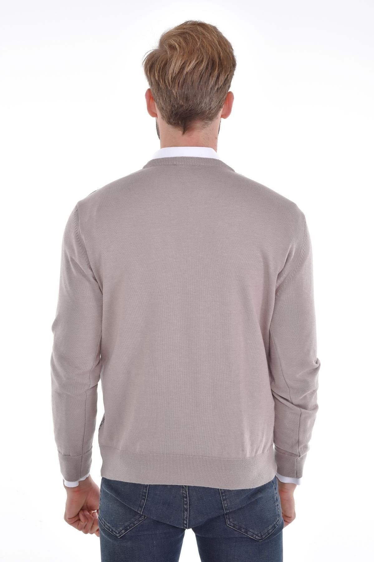 Erkek V Yaka Pamuklu Triko Bej Kazak Desenli Kol Ve Bel Lastikli Dokuma