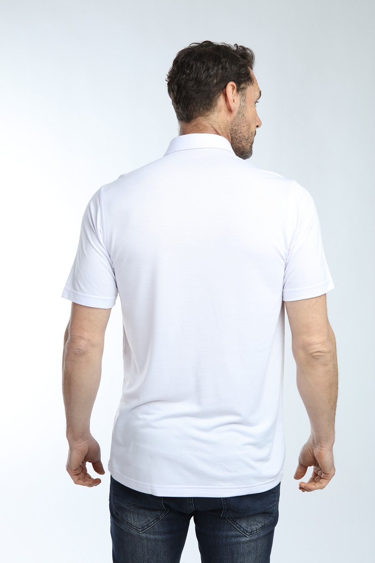 Çizgi Triko Erkek Gömlek Yaka Tişört Düz Renk Günlük Cep Detaylı - BEYAZ