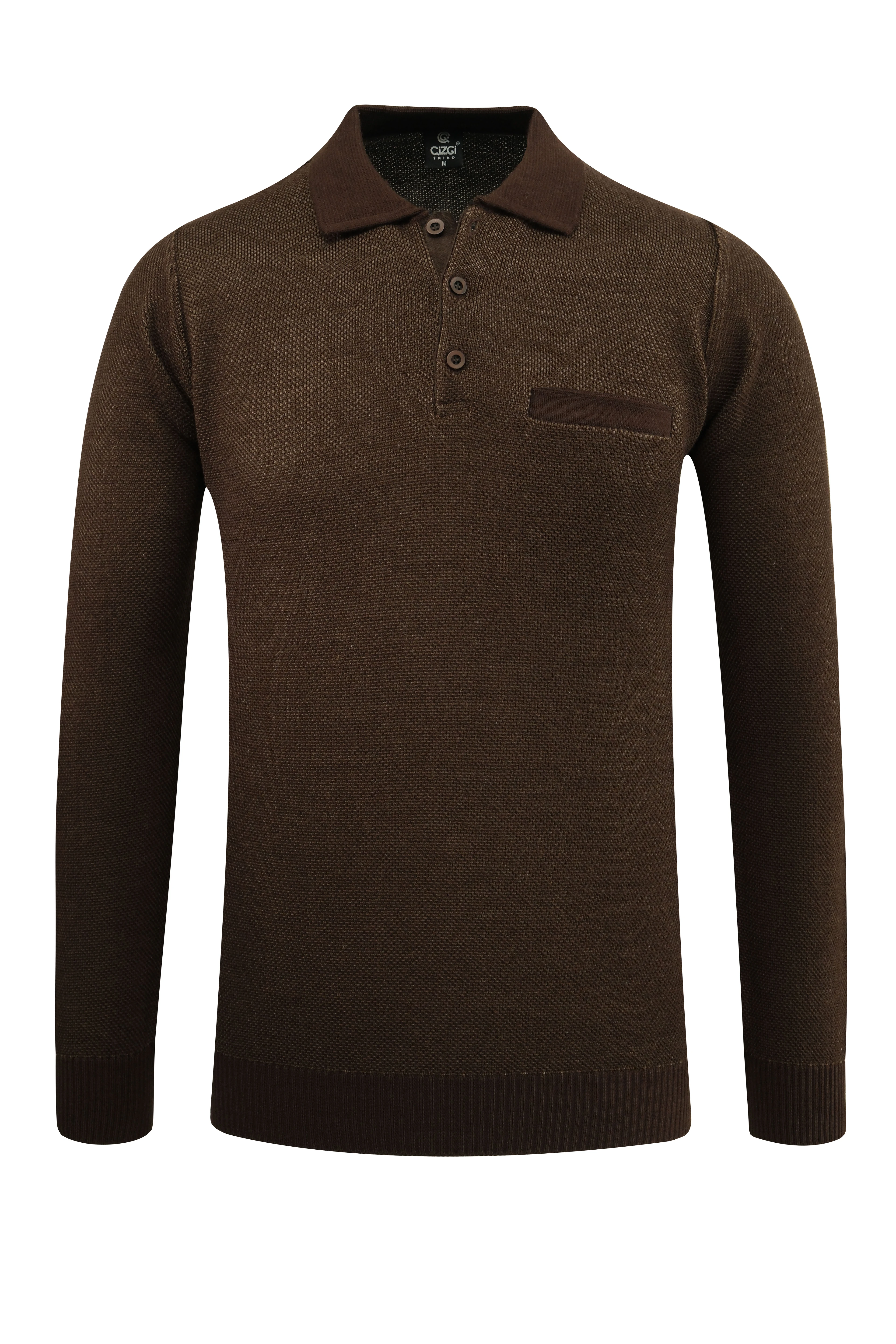 Erkek Polo Yaka Kazak Cepli Pike Desen Çelik Örgü Klasik Kalıp - 5214F - BROWN
