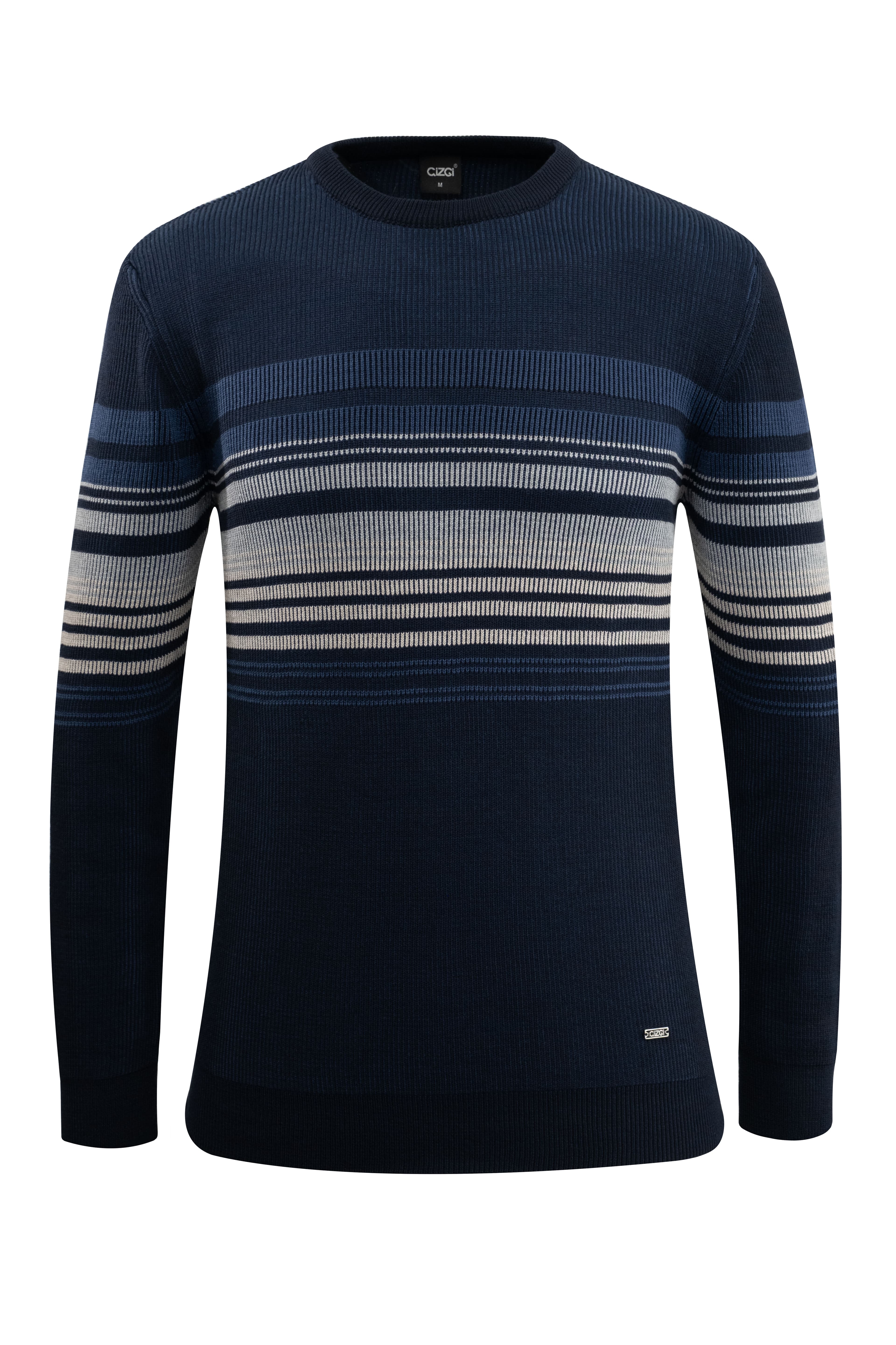 Erkek Sıfır Yaka Kazak Triko Selanik Örgü Desenli Klasik Kalıp - 5245C - NAVY BLUE