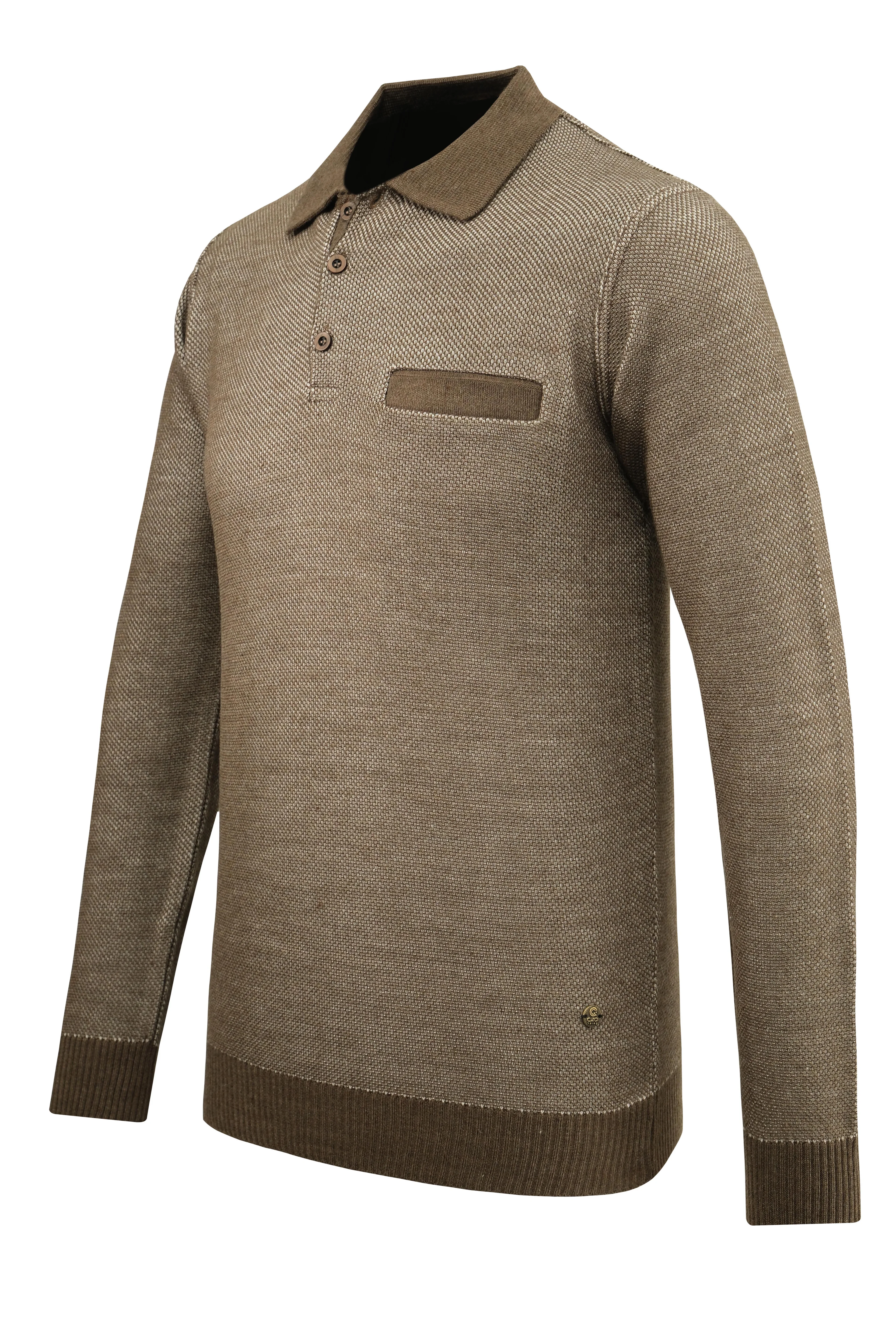 Erkek Polo Yaka Kazak Cepli Pike Desen Çelik Örgü Klasik Kalıp - 5214F - TAUPE