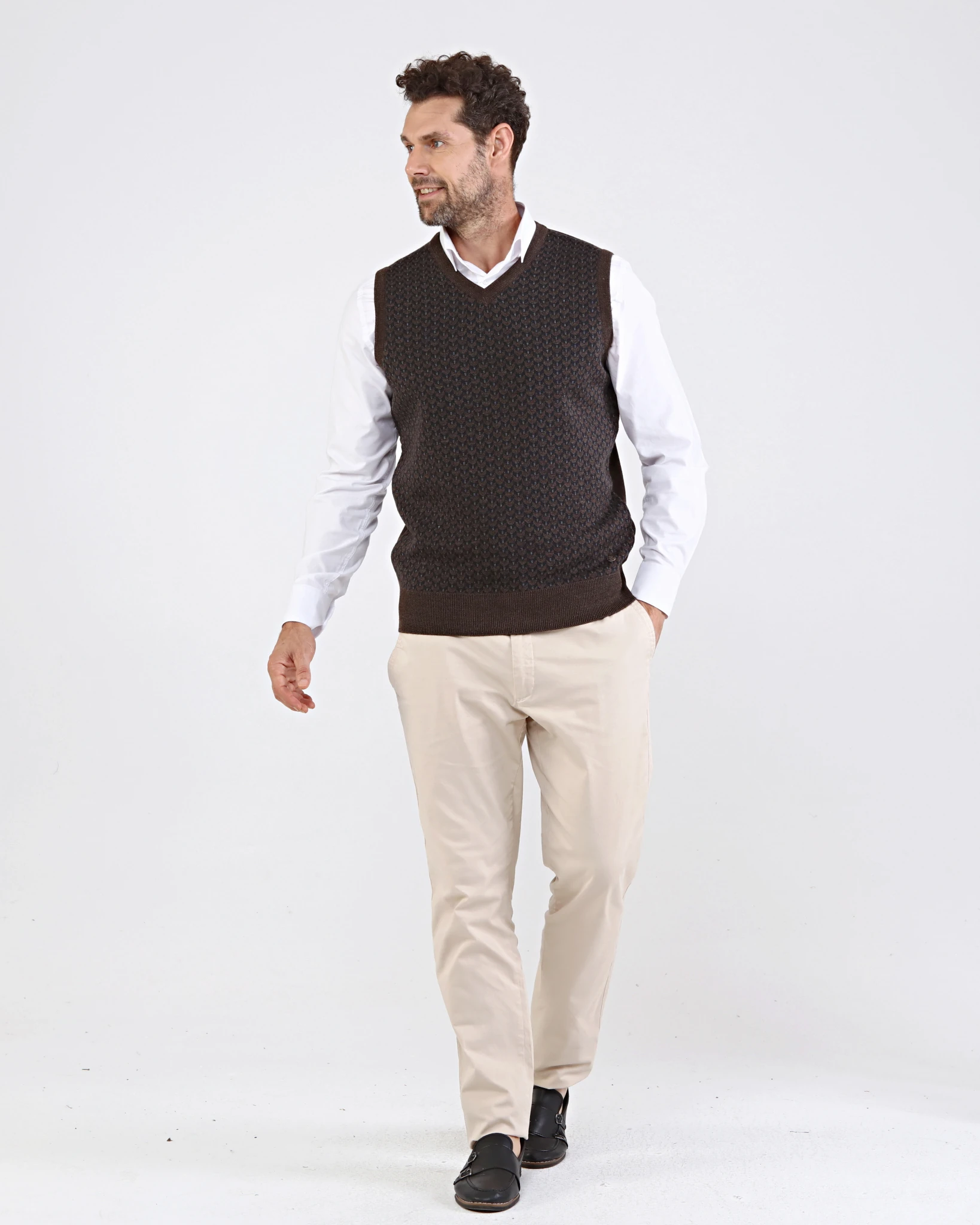 Stripe Knitwear Men's V-Neck Knitwear Sweater Patterned Colorful Winter Steel Knitted Classic Pattern - BROWN