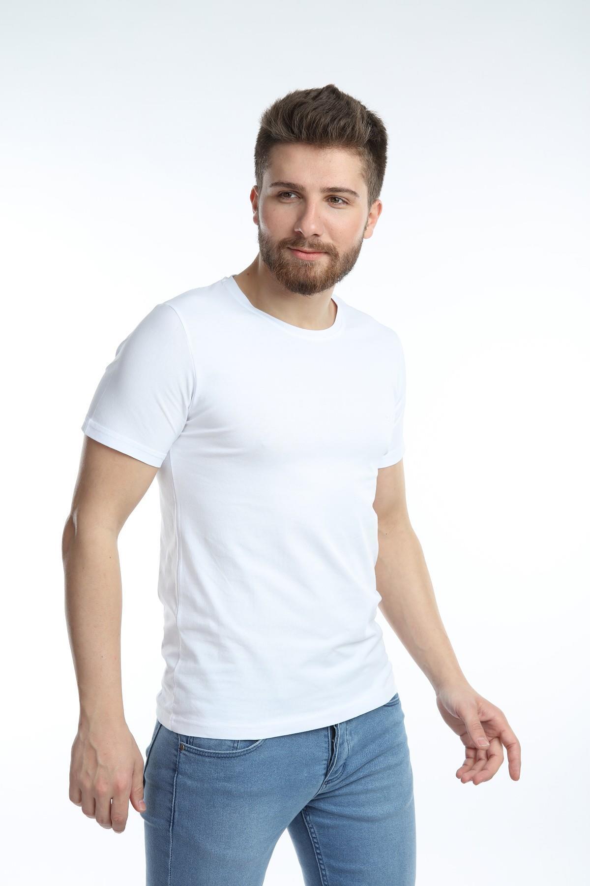 Erkek Bisiklet Yaka Basic Tişört Düz Beyaz Renk Slim Fit