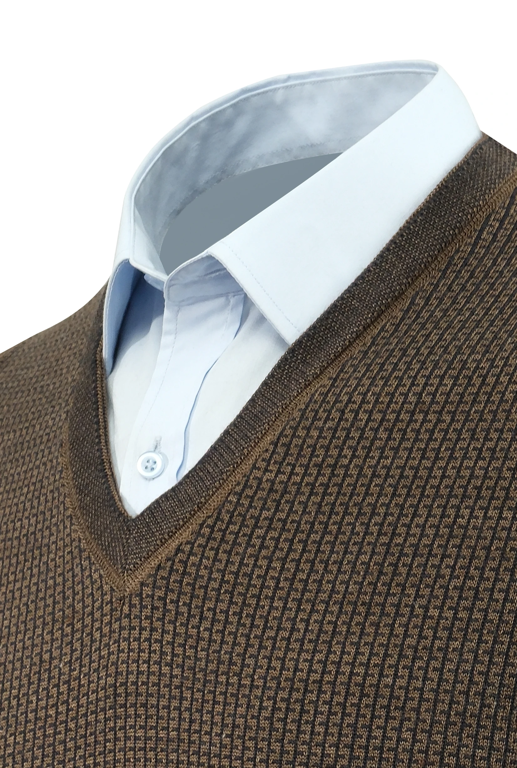 Erkek V Yaka Süveter Desenli Çelik Örgü Klasik Kalıp - 5208H - VİZON