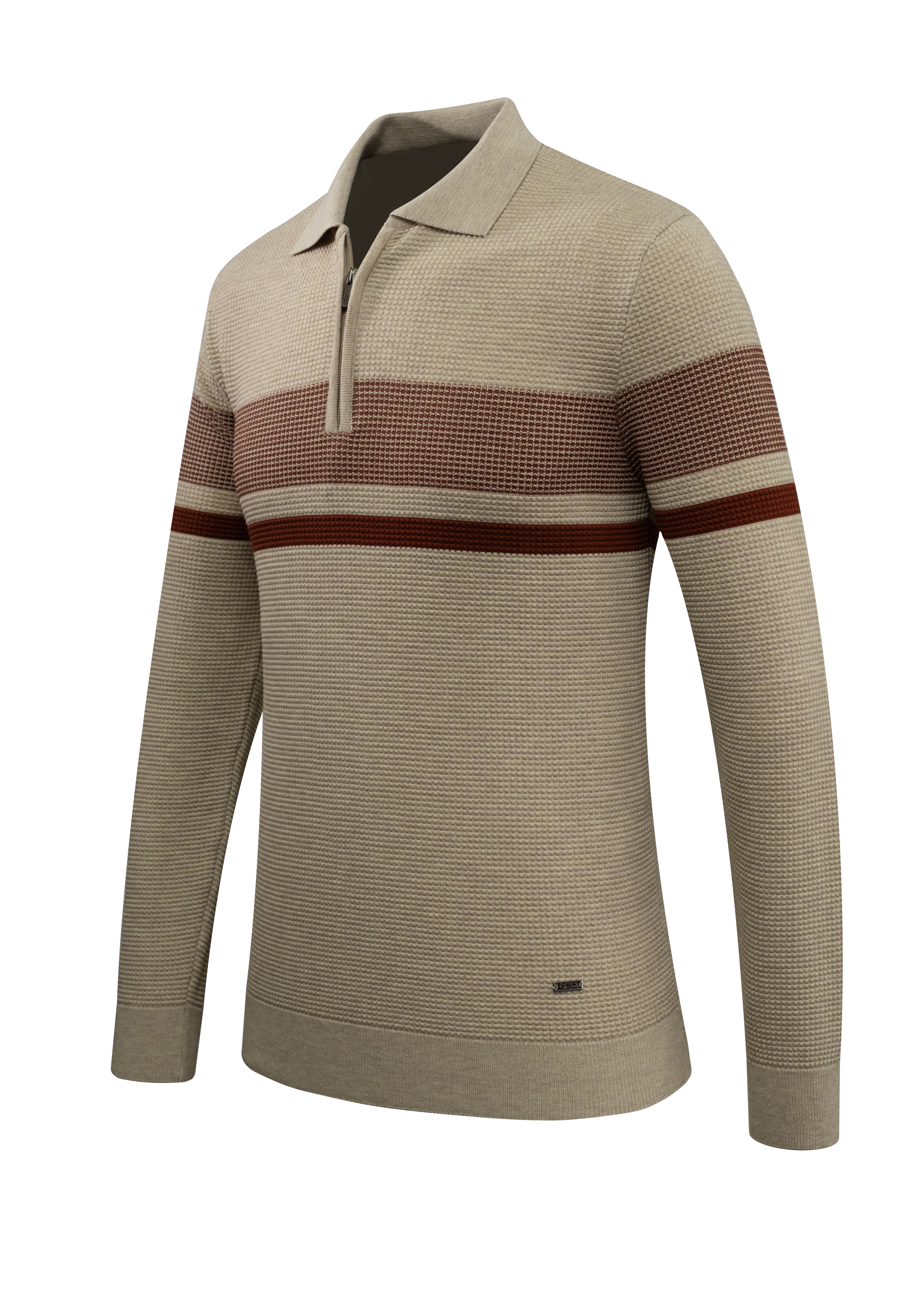 Erkek Fermuarlı Polo Yaka Kazak Triko Kabartmalı Örgü Desenli Klasik Kalıp - 5241F - BEIGE