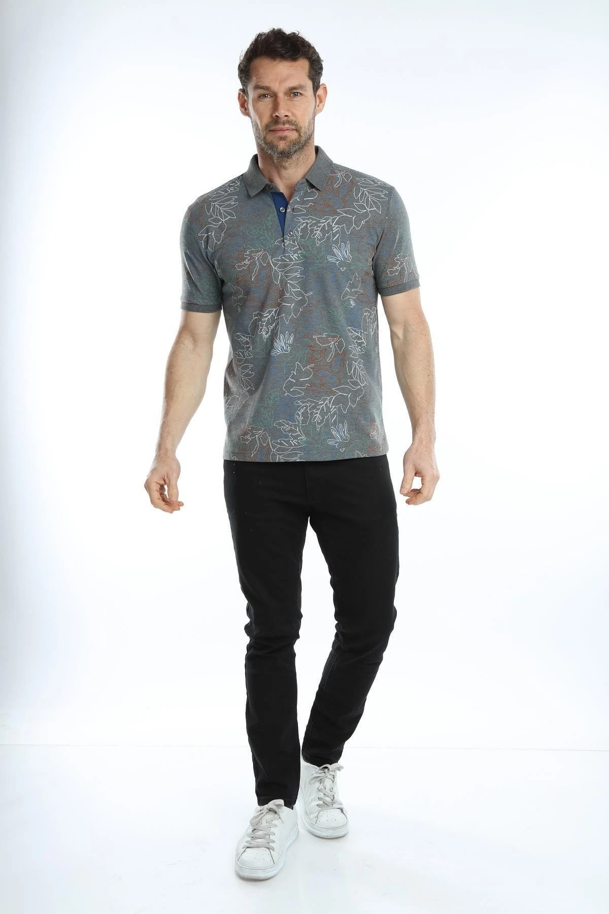 Erkek Polo Yaka Tişört Desenli Kolu Lastikli Kumaş %100 Pamuk